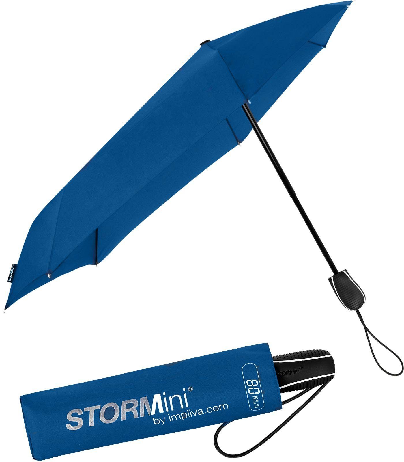 Impliva Taschenregenschirm STORMini aerodynamischer Sturmschirm, durch seine besondere Form dreht sich der Schirm in den Wind, hält bis zu 80 km/h aus royalblue