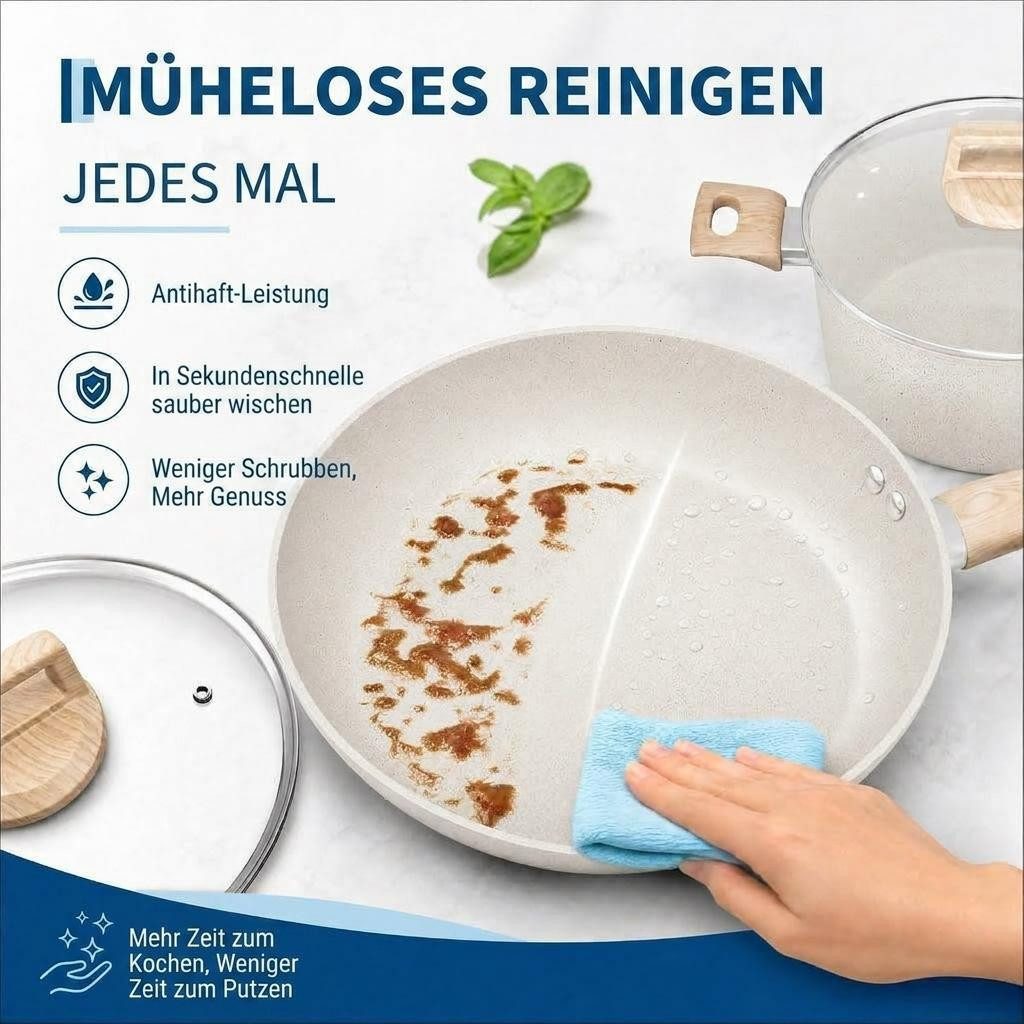 GarveeMore Topf-Set 14-tlg. Töpfe- & Pfannenset, induktionsgeeignet, Aluminium (Set, 14-tlg., Pfannen, Kasserolle, Schmorpfanne, Topf, Deckel, Schoner, Utensilien), Keramik-Antihaft,PFA-frei, induktionstauglich, Handwäsche empfohlen