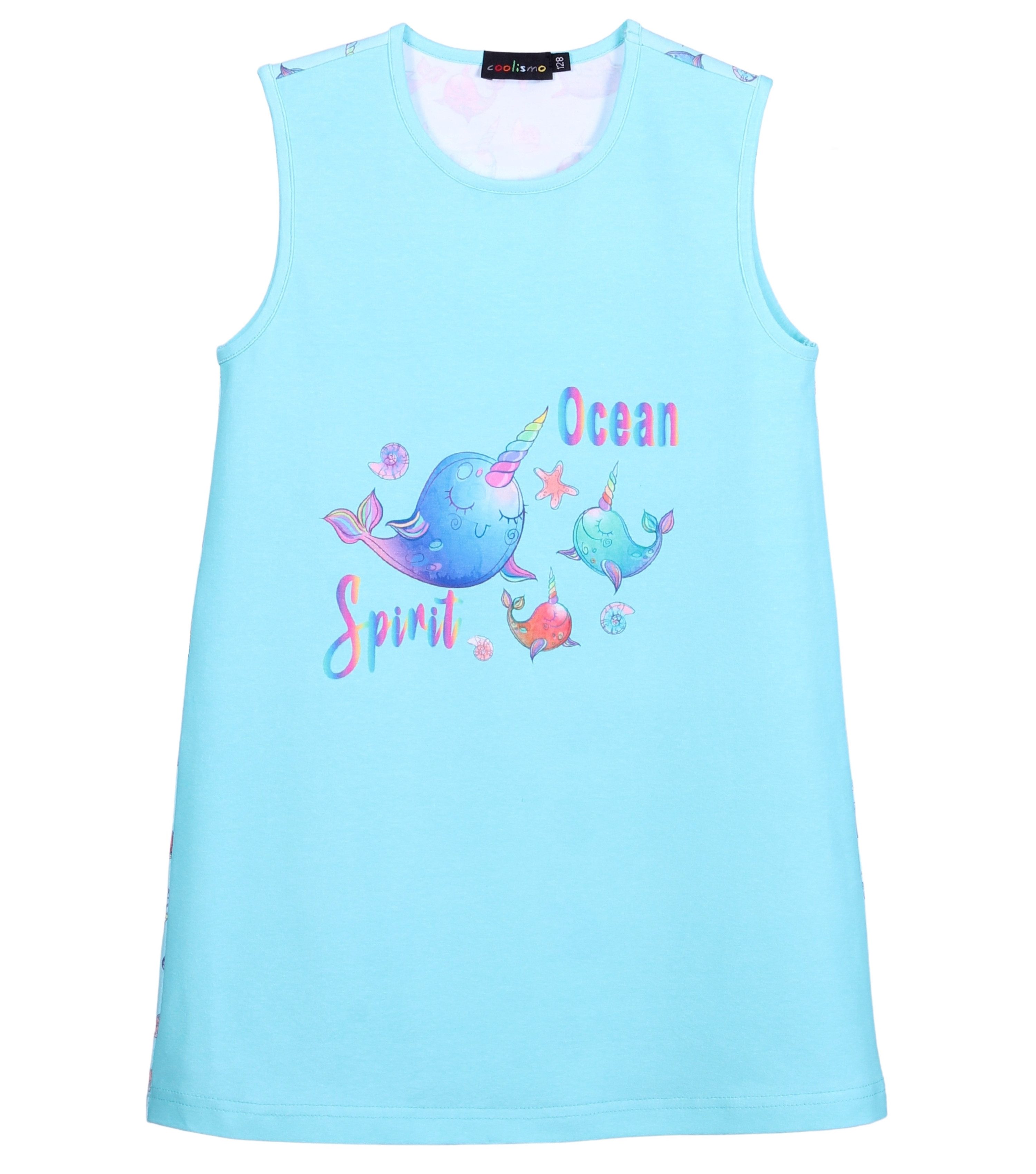 coolismo Jerseykleid Bequemes Mädchenkleid ohne Arm mit Einhornfisch Motiv in Türkis aus Baumwolle
