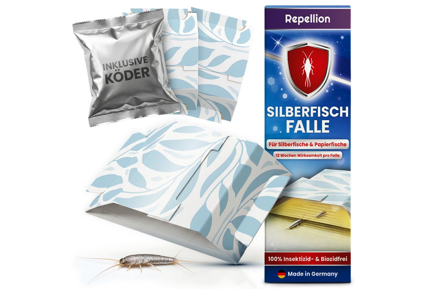 Repellion Klebefalle Silberfischfalle 12 Stück mit Köder für Silberfische & Papierfische, insektizid- & biozidfrei, geruchlos, bis zu 12 Wochen, Made in Germany