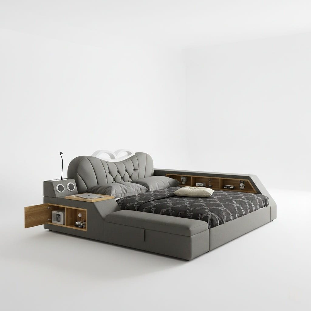 JVmoebel Multimediabett Multifunktionales Bett Moderner Stil Grau Holzrahmen Entspannend (2-tlg)