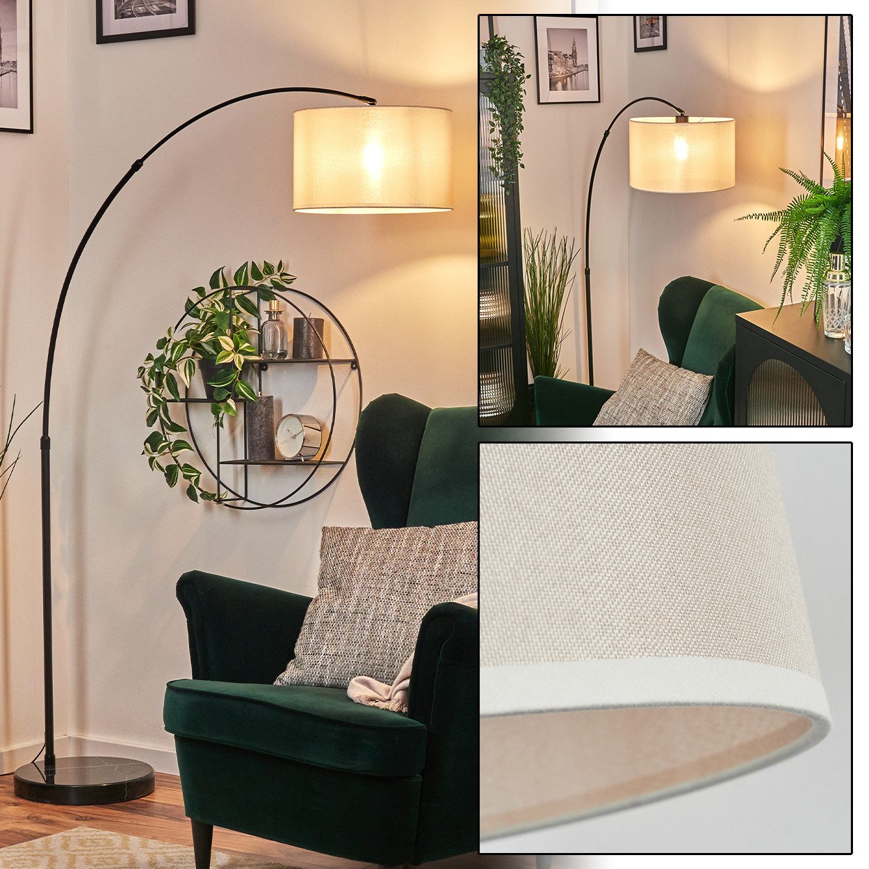 hofstein Bogenlampe Stehlampe mit Marmorfuß aus Metall/Stoff in Schwarz/Beige/Weiß, verstellbare Stehleuchte im modernen Design, Ø 35 cm, Fußschalter, E27