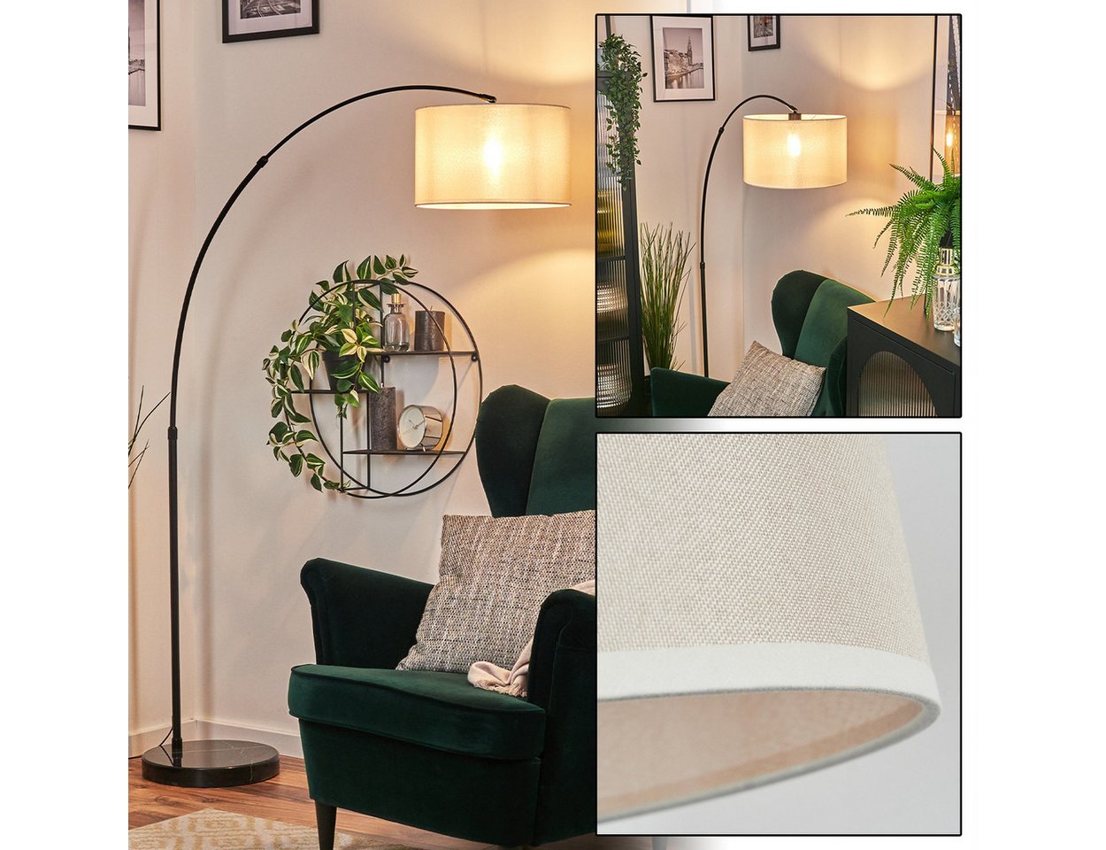 hofstein Bogenlampe Stehlampe mit Marmorfuß aus Metall/Stoff in Schwarz/Beige/Weiß, verstellbare Stehleuchte im modernen Design, Ø 35 cm, Fußschalter, E27