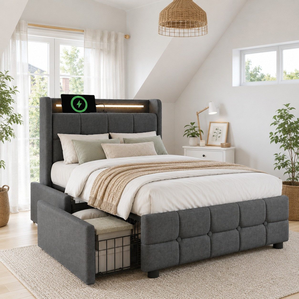Flieks Polsterbett, LED-Beleuchtung Einzelbett 90x200cm mit Ladefunktion und 2 Schubladen