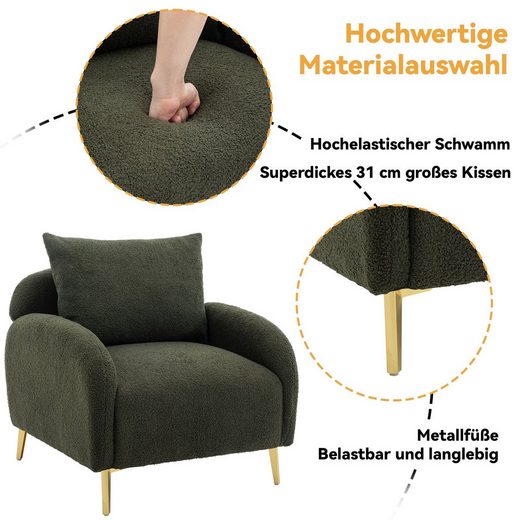 MERAX Sessel mit goldenen Metallbeine und Rückenkissen, Loungesessel Teddystoff - weiches Design