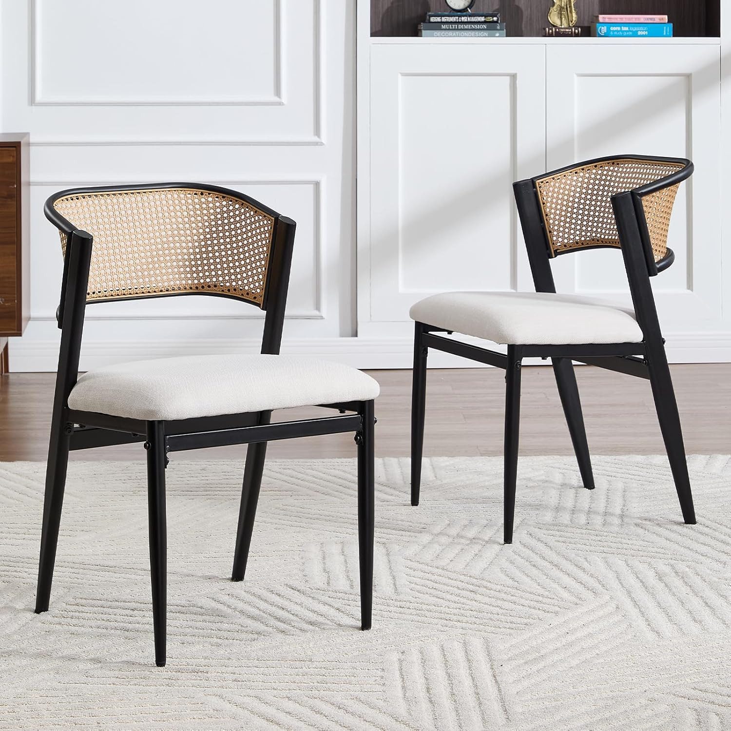 WAHSON OFFICE CHAIRS Esszimmerstuhl 2er Set Rattan-Esszimmerstühle, gepolstert, Leinen, Metallbeine – Bild 2 von 5