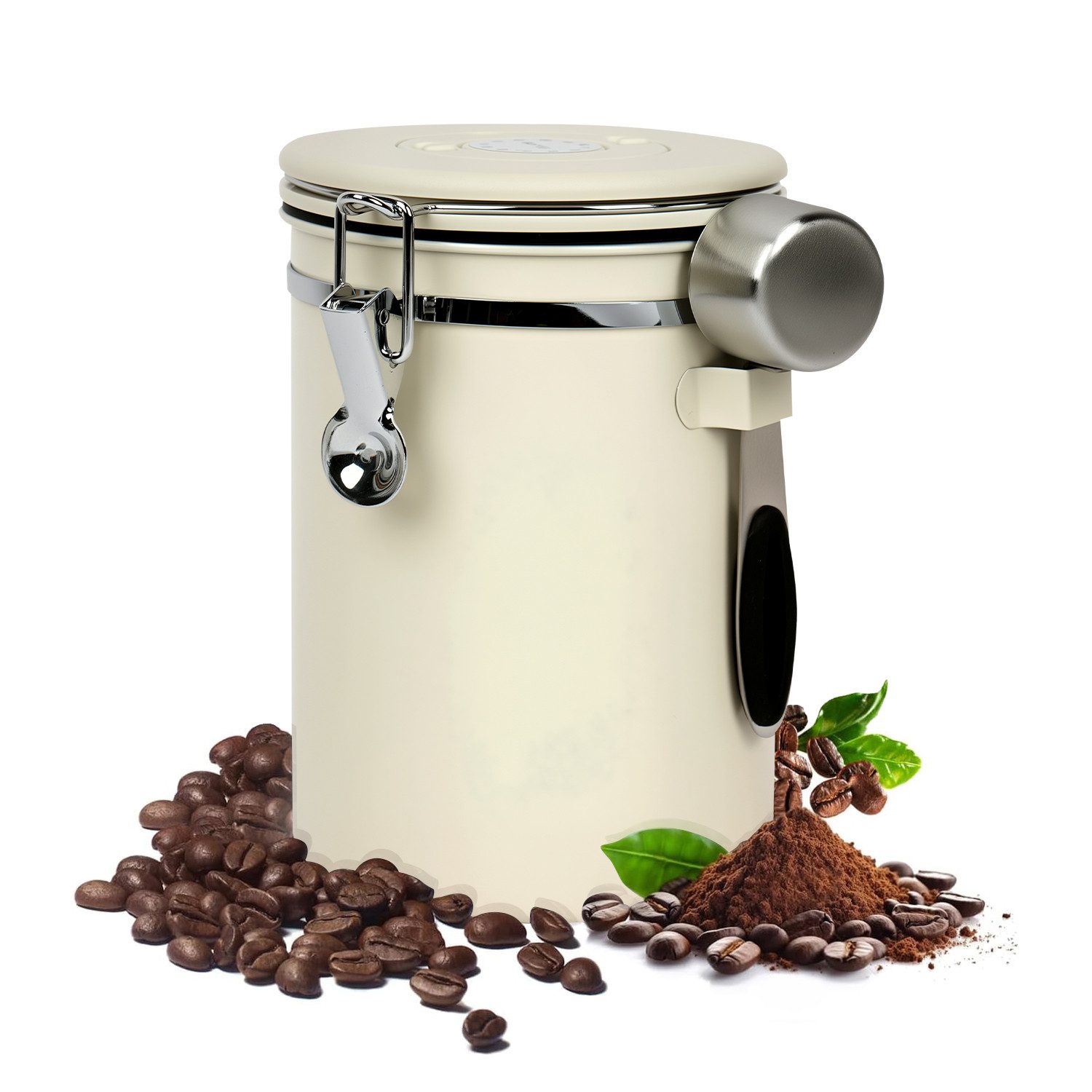 OSTWOLKE Kaffeedose Luftdichte Kaffeebohnenbehälter mit Dosierlöffel & Datumsanzeige, Edelstahl, für Kaffeebohnen, Zuckermehl, Pulver, Tee, Zucker