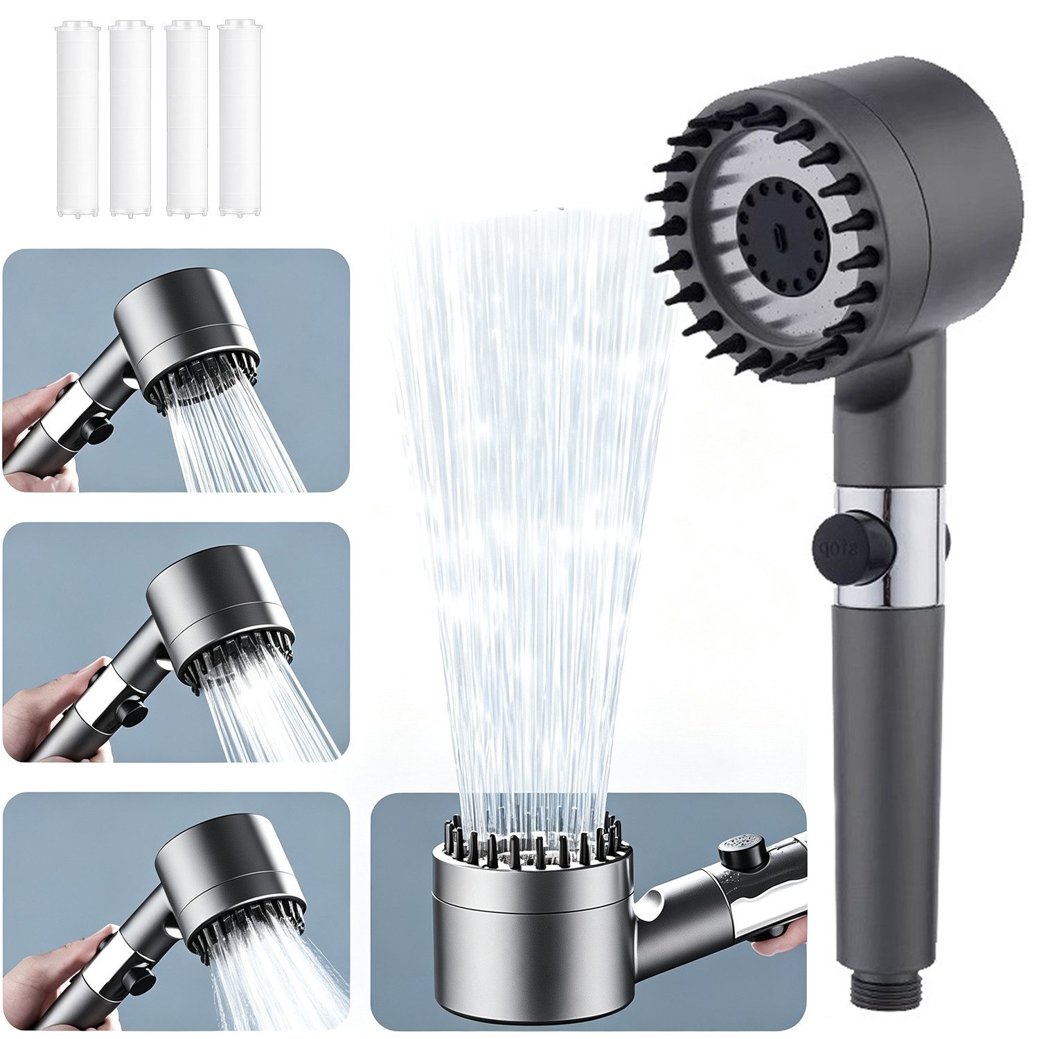 BOOD Handbrause Hochdruck-Duschkopf mit Filter und Ein-Knopf-Stoppfunktion,3 Modi, (Packung), Packungsinhalt Schwarz1: 1 Handbrause+4 Filterwatten