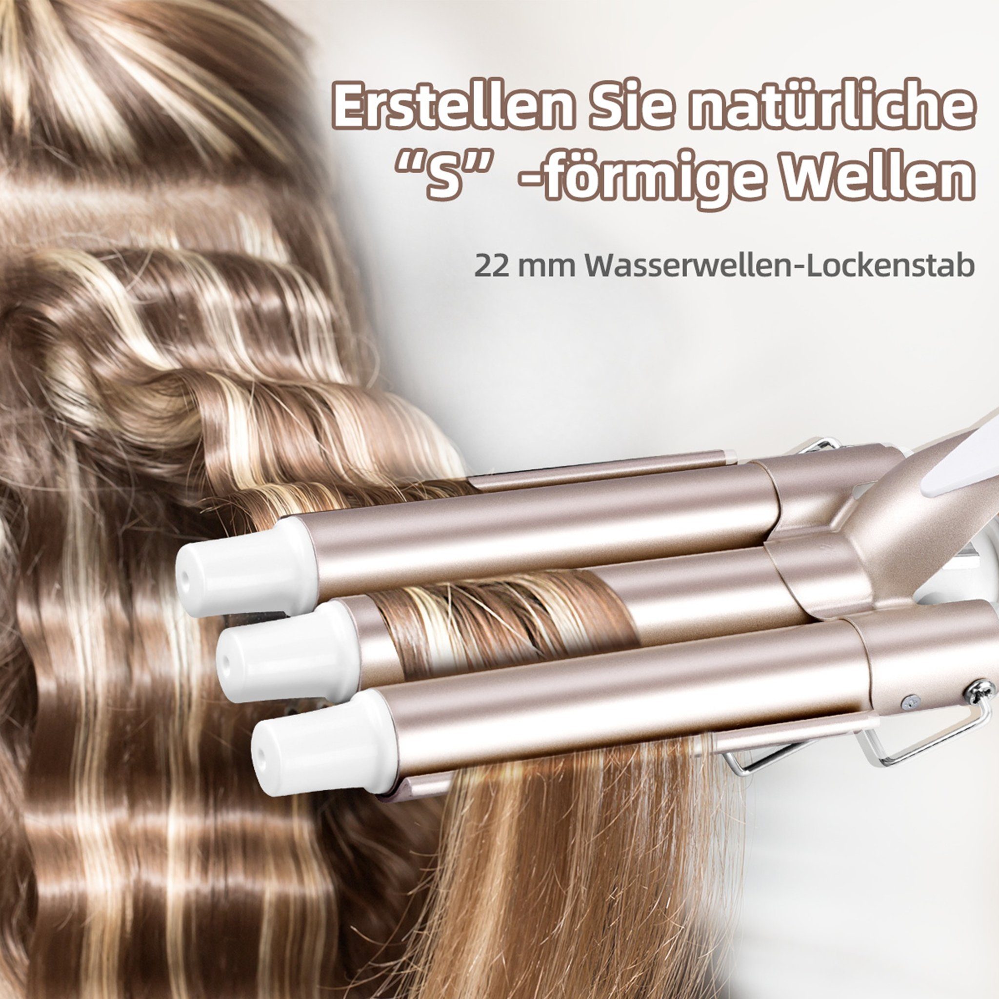 CkeyiN Lockendreher 3 Fässer 22mm Wasserwellen-Lockenstab, 80-230℃ Welleneisen, Turmalin-Keramik-Beschichtung, PTC Heiztechnologie, mit LED-Anzeige Verbrühschutzhalterung