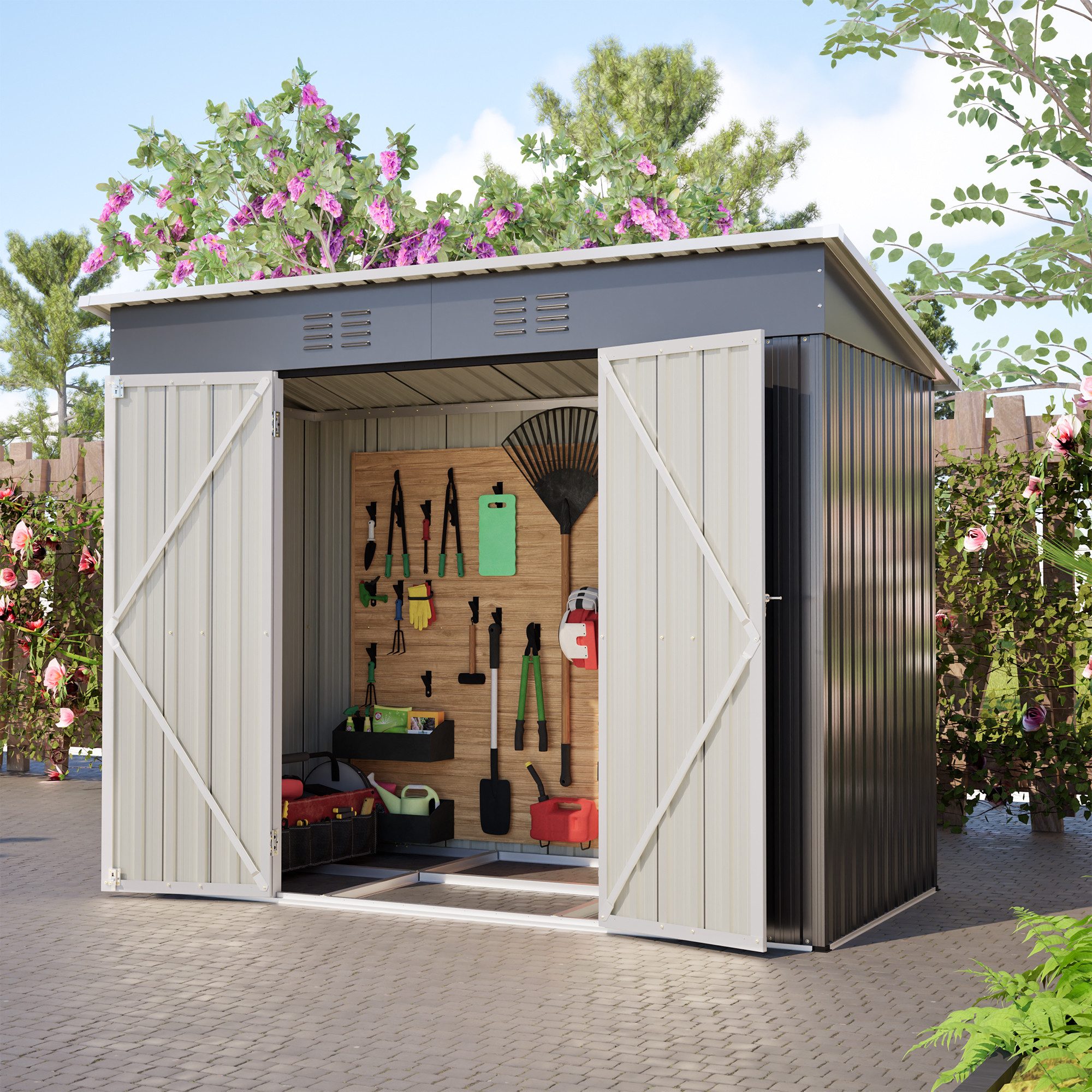 CHICFURN Gerätehaus Pultdach Metall-Gartenhaus mit abschließbarer Tür & 2 Lüftungsgittern, BxT: 242,00x126,00 cm, (Packung, 1 St), Für Terrasse, Hof & Garten, Grau, 8x4 Fuß