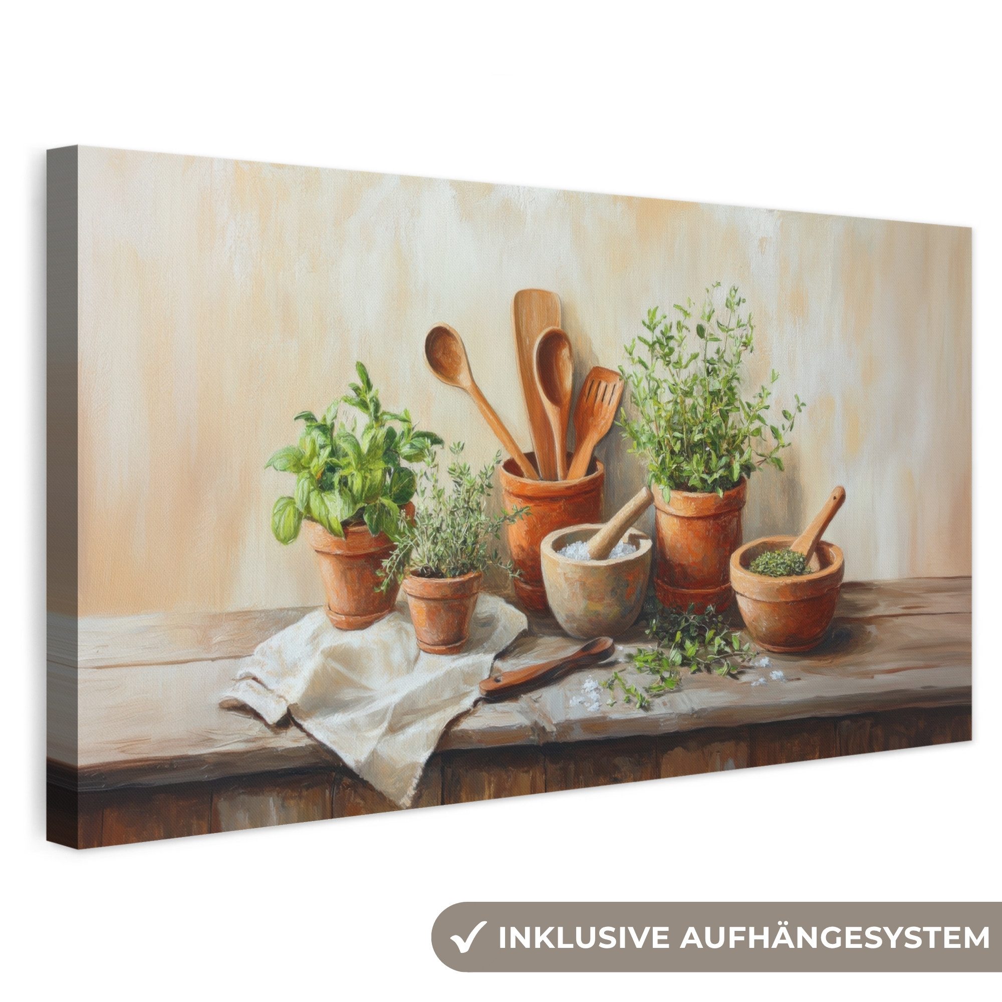 OneMillionCanvasses® Leinwandbild Panorama Töpfe - Kräuter - Holz, Fotodruck (1 St), Wandbild, Deko Schlafzimmer Wohnzimmer Flur 40x20 cm