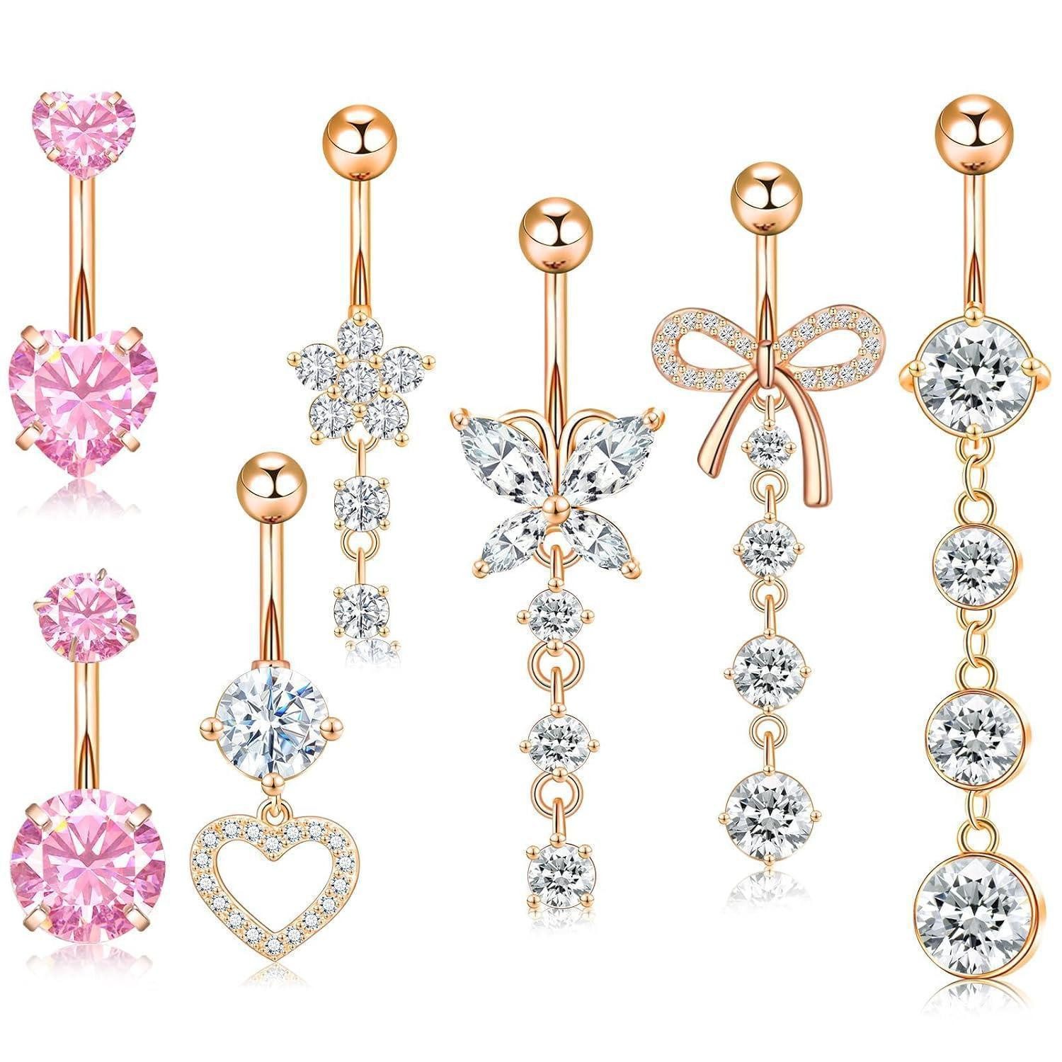 LuxusKollektion Bauchnabelpiercing-Set 7er Bauchnabelpiercing Set Edelstahl Zirkonia Herz Pinkgold