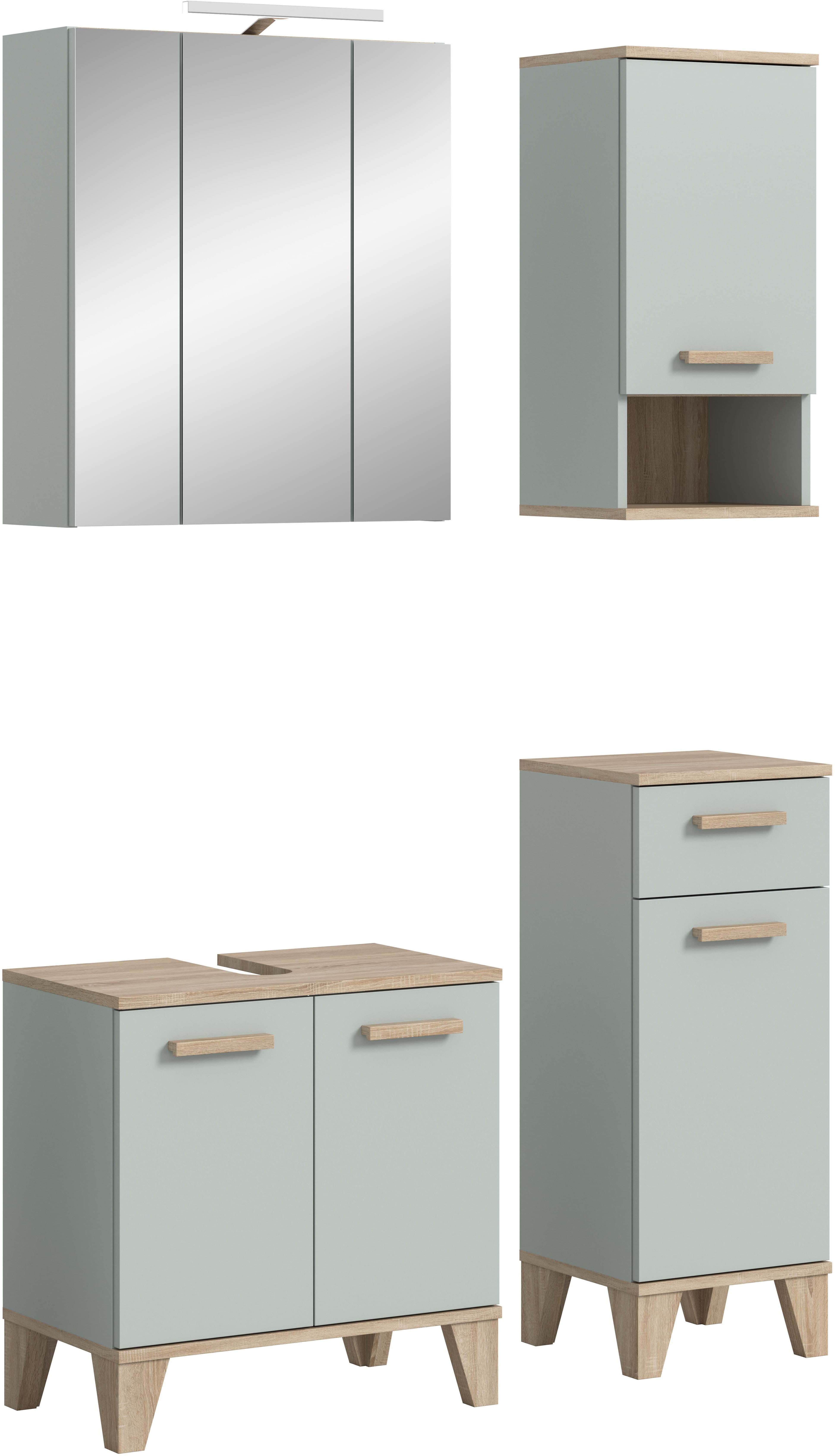 welltime Badmöbel-Set MINTTU, 4-teilige moderne Badkombi im SCANDI-Look, inkl. Beleuchtung, (4-St., bestehend aus: Midischrank, WBU, Spiegelschrank, Hängeschrank), Bad-Kombination, Bad-Möbel, Badezimmer, Kombination, Kombi, Bad-Set