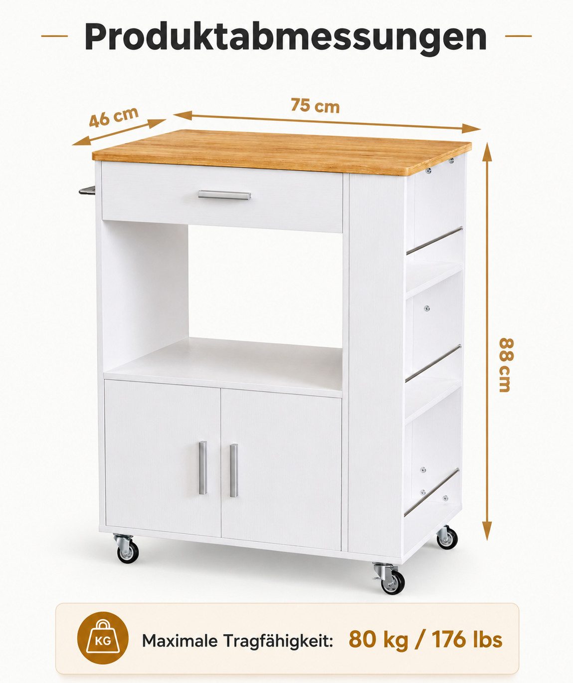 Yorbay Küchenwagen mit Rollen,Servierwagen mit Arbeitsplatte, Kücheninsel Freistehend, (75*46*88 cm), Küchenschrank mit Schublade & 3 Gewürzregalen