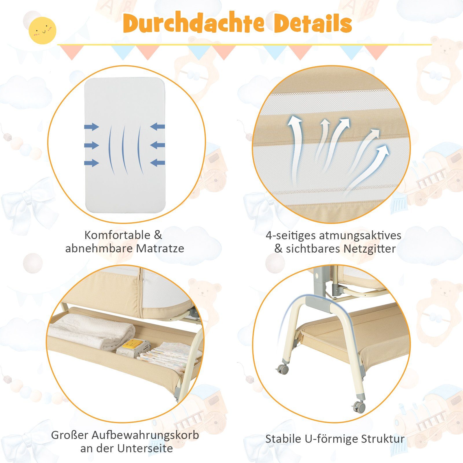 COSTWAY Baby-Reisebett 4 in 1 Beistellbett, 6 fach höhenverstellbar