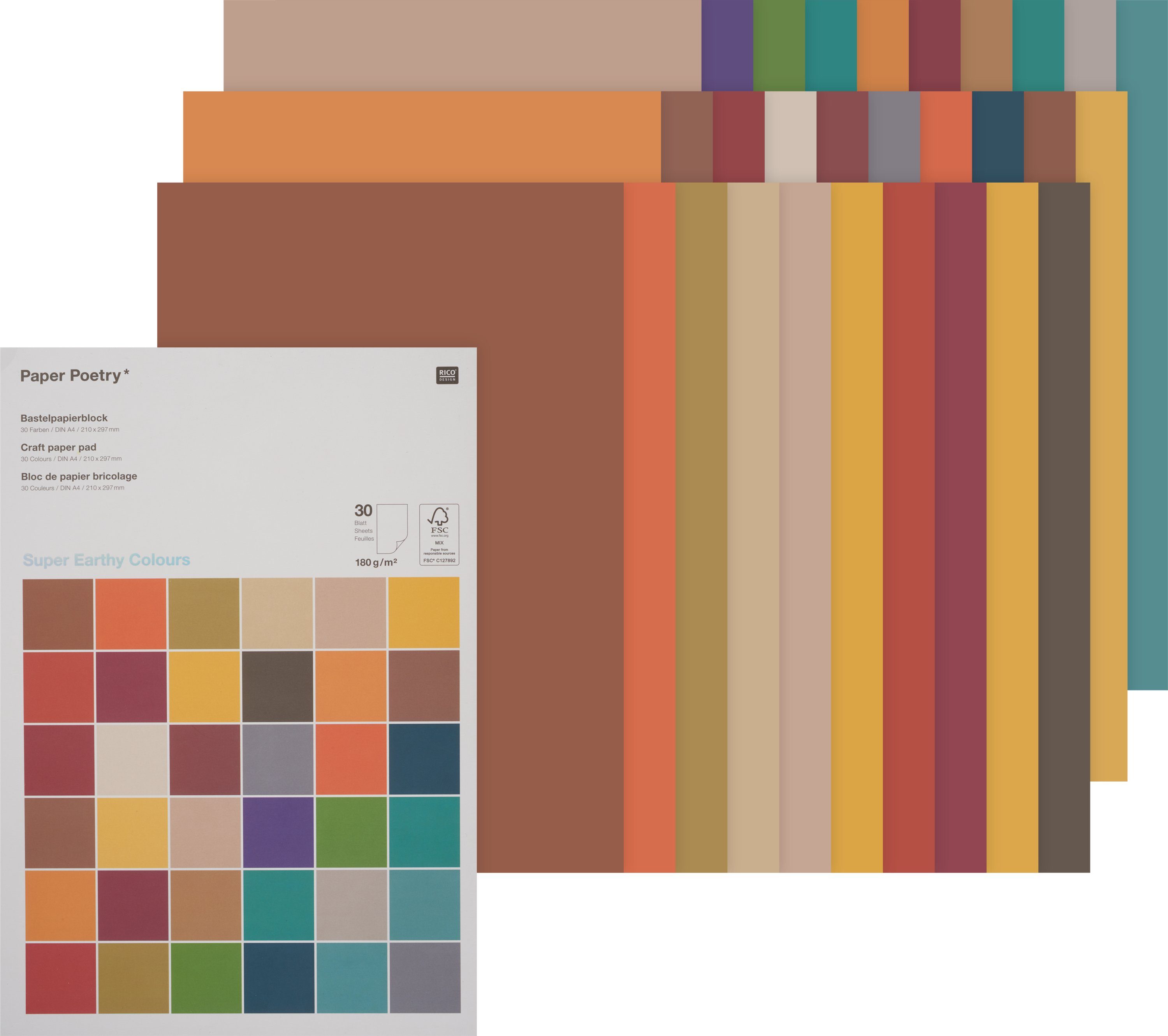 A4, Earthy 30 Colours, Design Blatt Rico Papierkarton DIN