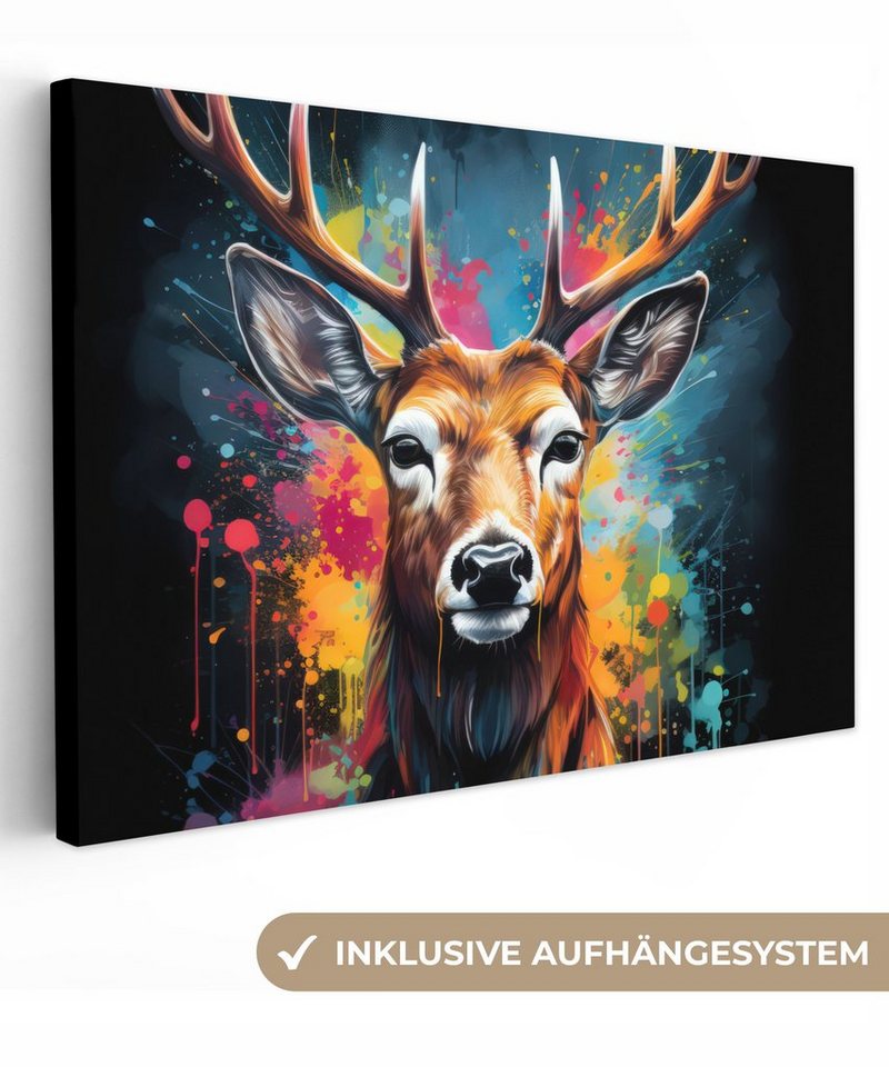 OneMillionCanvasses® Leinwandbild Hirsche - Graffiti - Tiere - Farben, (1 St),  Wandbild Leinwandbilder, Aufhängefertig, Wanddeko, 30x20 cm