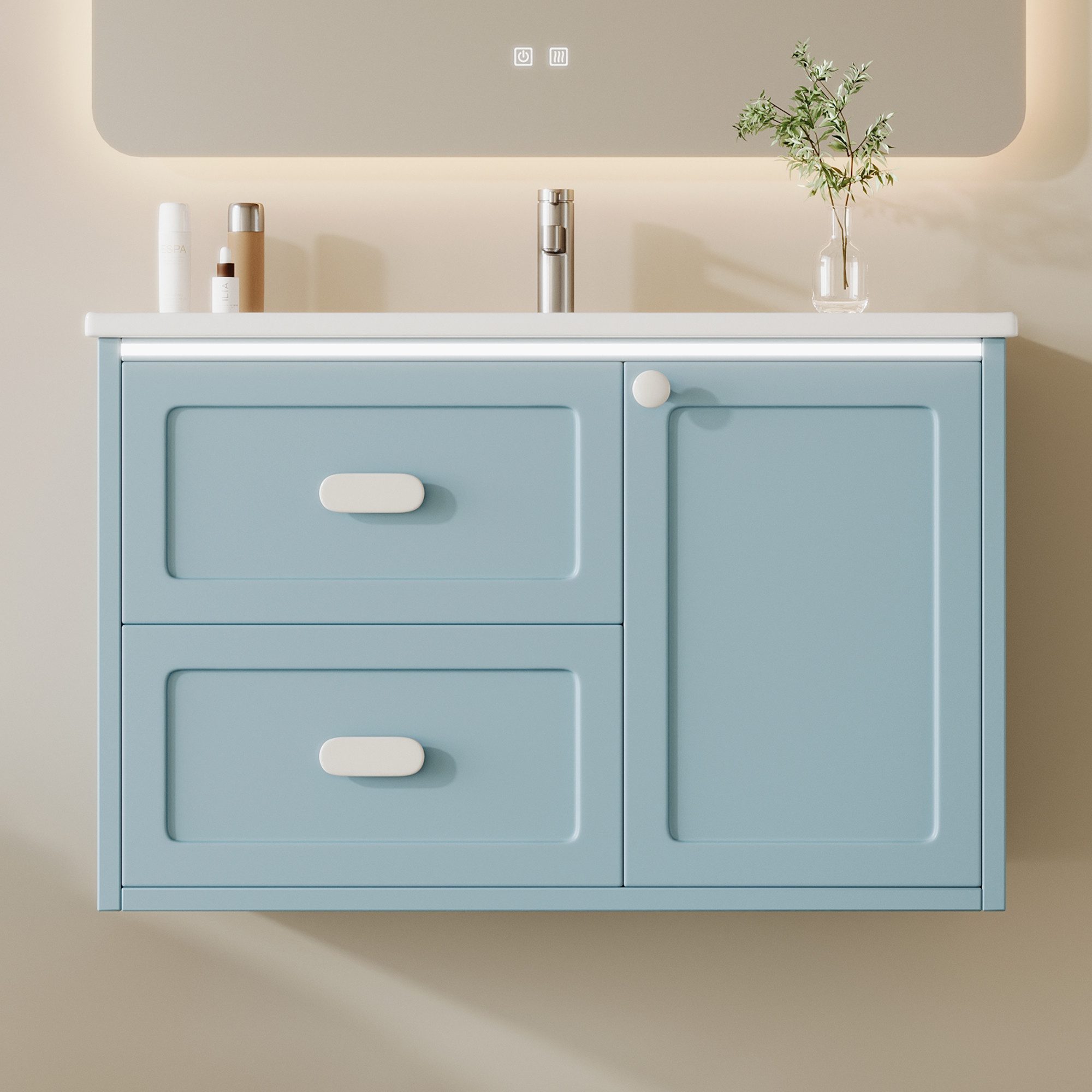 Flieks Waschtisch mit LED-Radarsensor Waschbeckenunterschrank inkl. Waschbecken (B76/T46/H51 cm, 1-St., wandhängend, Volllackierung Badschrank mit Led-Beleuchtung Waschplatz), Badezimmerschrank mit Schubladen und Türablagen Badmöbel-Set Blau