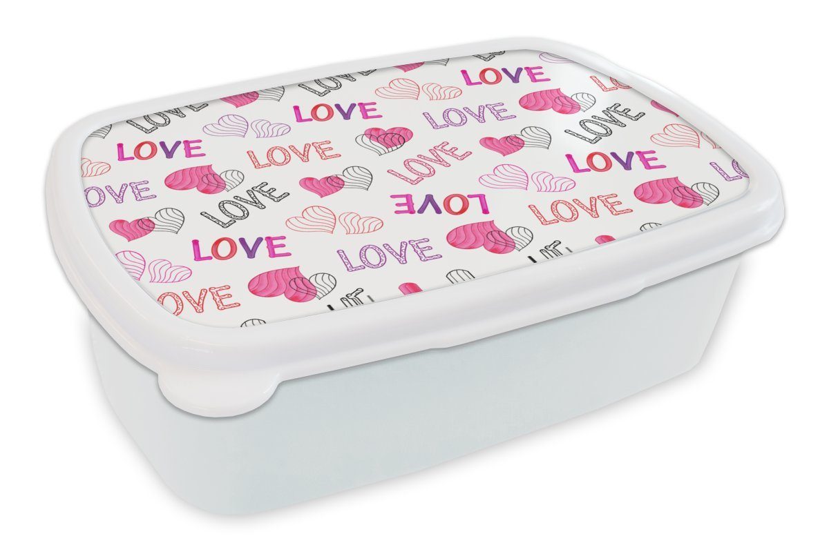 MuchoWow Lunchbox Liebe - Valentinstag - Muster, Kunststoff, (2-tlg), Brotbox für Kinder und Erwachsene, Brotdose, für Jungs und Mädchen weiß