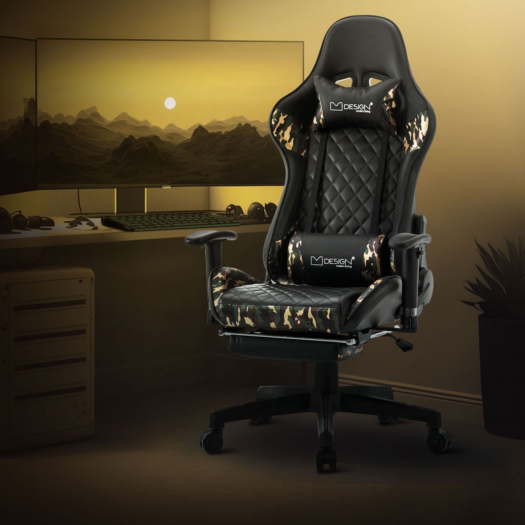 ML-DESIGN Gaming-Stuhl Gaming Stuhl mit Fußstütze Ergonomischer Bürostuhl mit Armlehne, aus Kunstleder, Kopfstütze, Lendenkissen, Drehstuhl verstellbar Schwarz, Camouflage