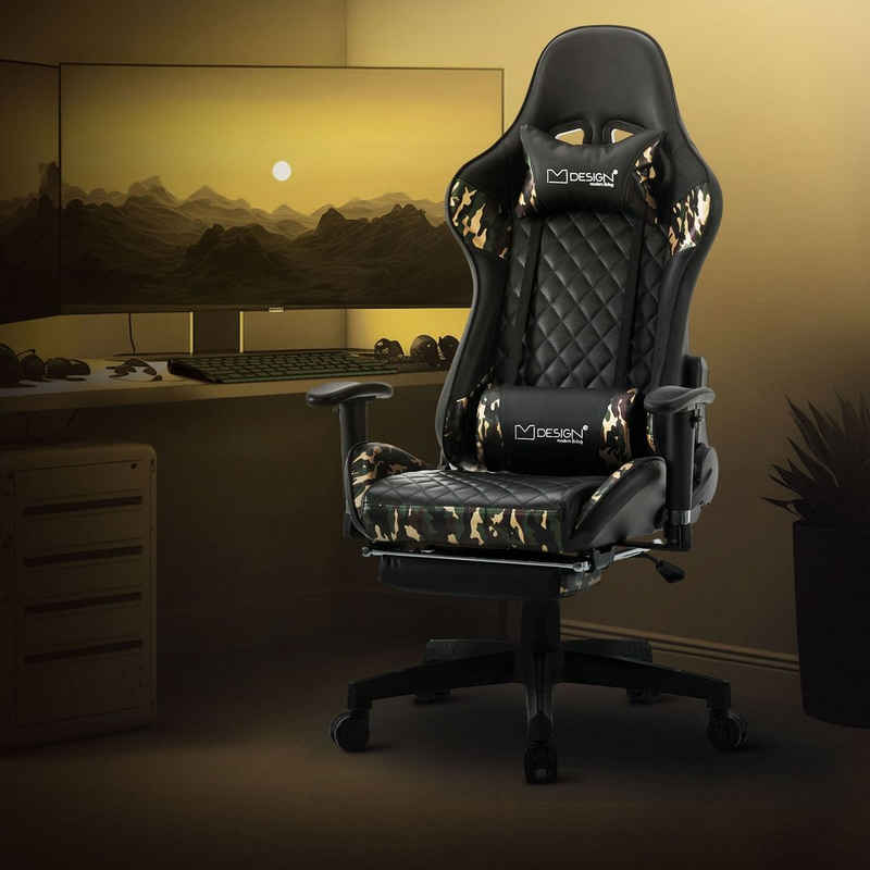 ML-DESIGN Gaming-Stuhl Bürostuhl mit Fußstütze und Armlehne Kunstleder Hohe Rückenlehne, Drehstuhl Schwarz-Camouflage ergonomisch mit Kopfstütze verstellbar
