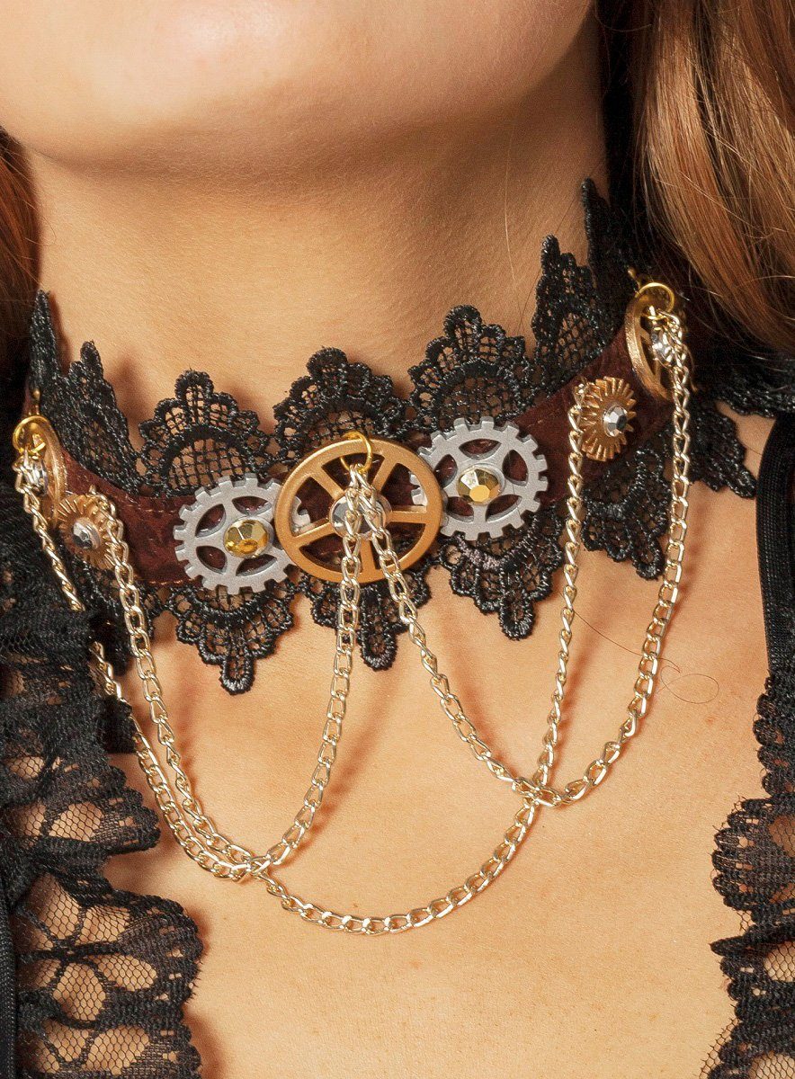 Metamorph Textilband Steampunk Halsband Zahnräder, Schönes Spitzenband mit zahlreichen Zahnrädern und Ketten aus Metall – Bild 3 von 3