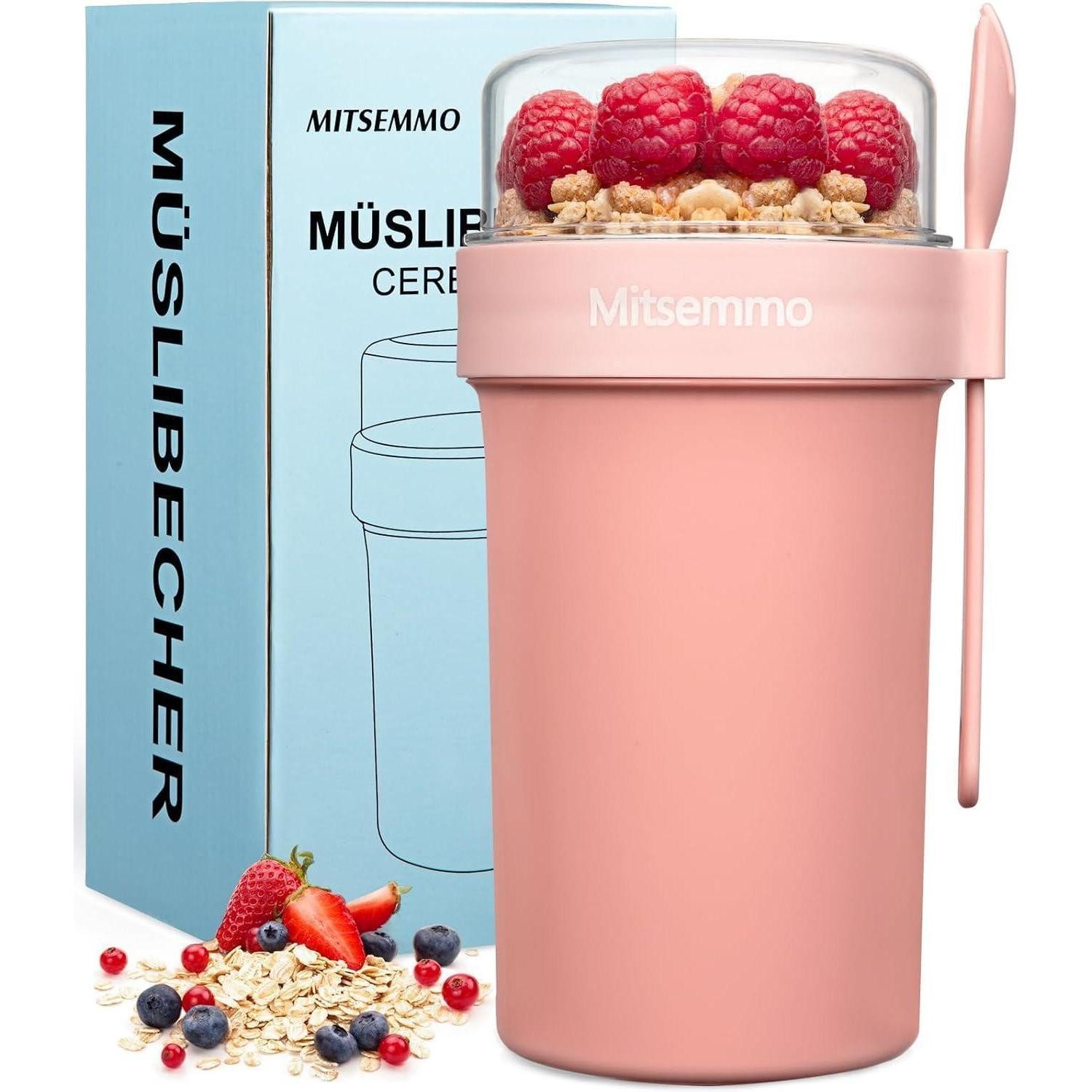 LuxusKollektion Coffee-to-go-Becher Müslibecher to Go 760ml+230ml, Müsli Cup Becher Löffel Rosa