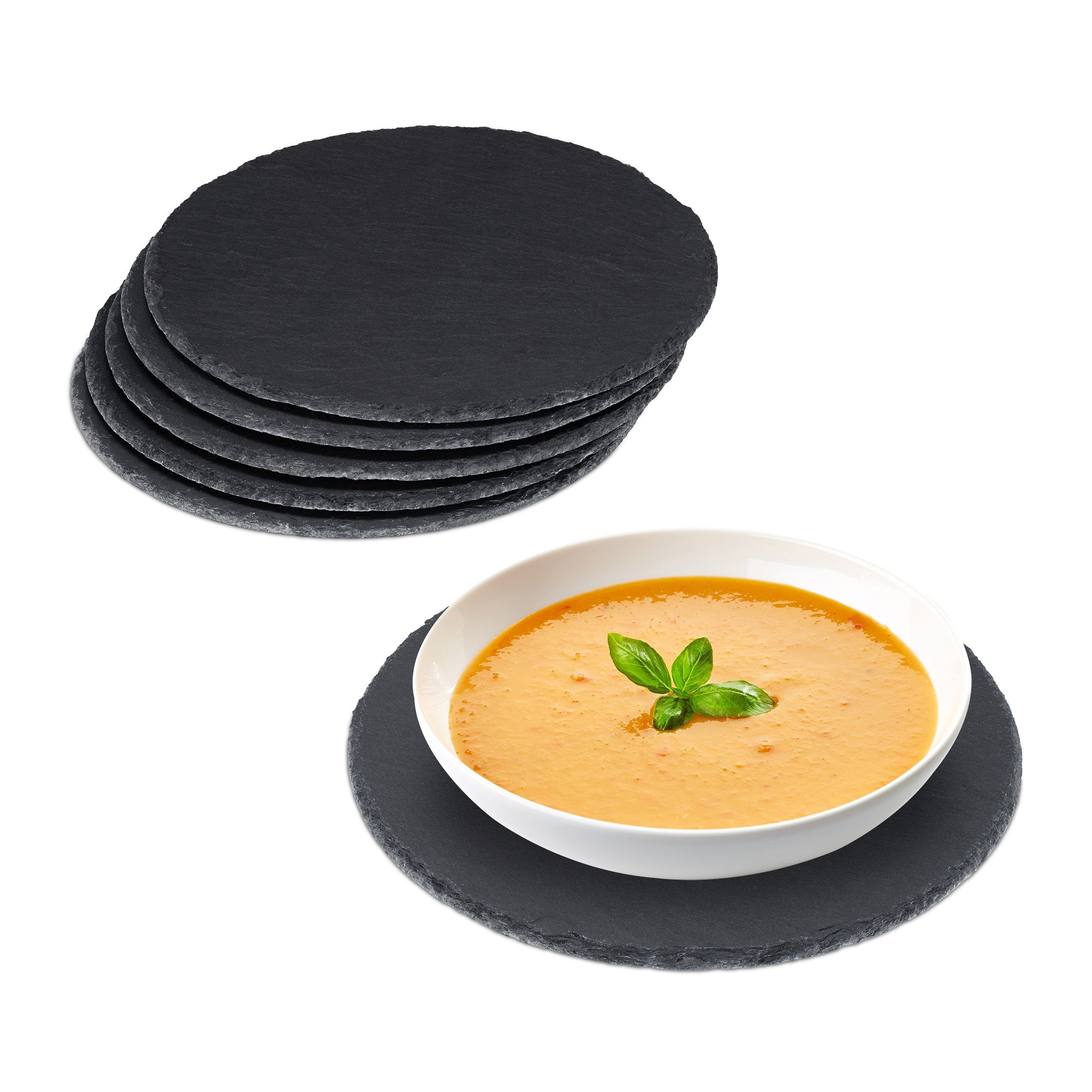 relaxdays Servierplatte Schieferplatte 6er Set rund, Schiefer, (6-tlg)