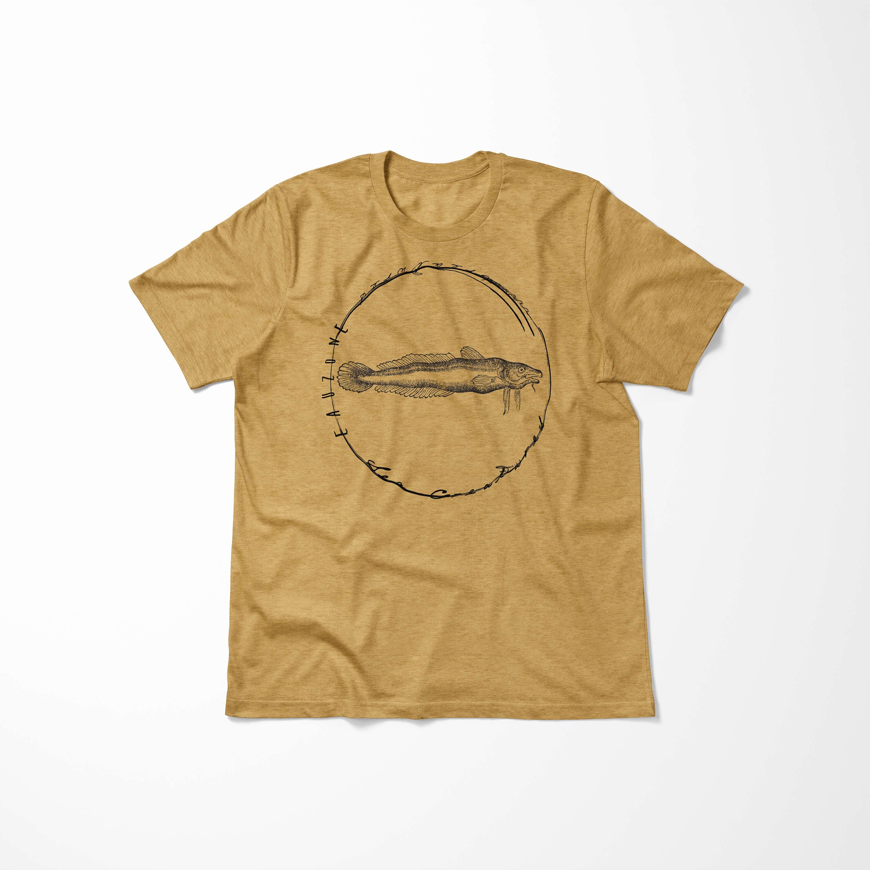 Tiefsee feine Sea Struktur Serie: T-Shirt Creatures, T-Shirt Sea Antique Art sportlicher - 034 Schnitt Fische Gold / und Sinus