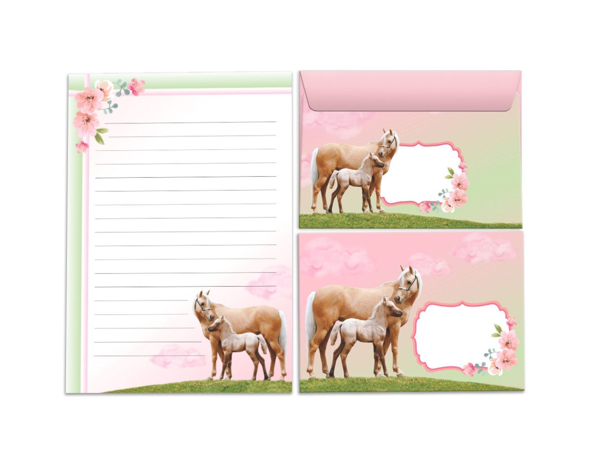 JUNAPACK Канцелярские товары Set Kinder Briefblock A5 mit Umschlägen Notizblock Бумага Pferd rosa, Kinder-Briefpapier A5 mit 15 Umschlägen, liniert & leicht beschreibbar