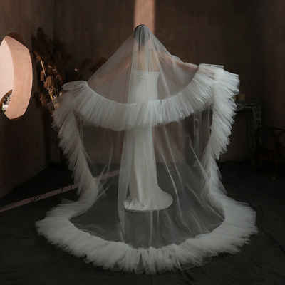 AUKUU Kopftuch Plissee Plissee Rüschen Doppelschicht Brautschleier mit langem, Schwanz Hochzeitskopfschmuck