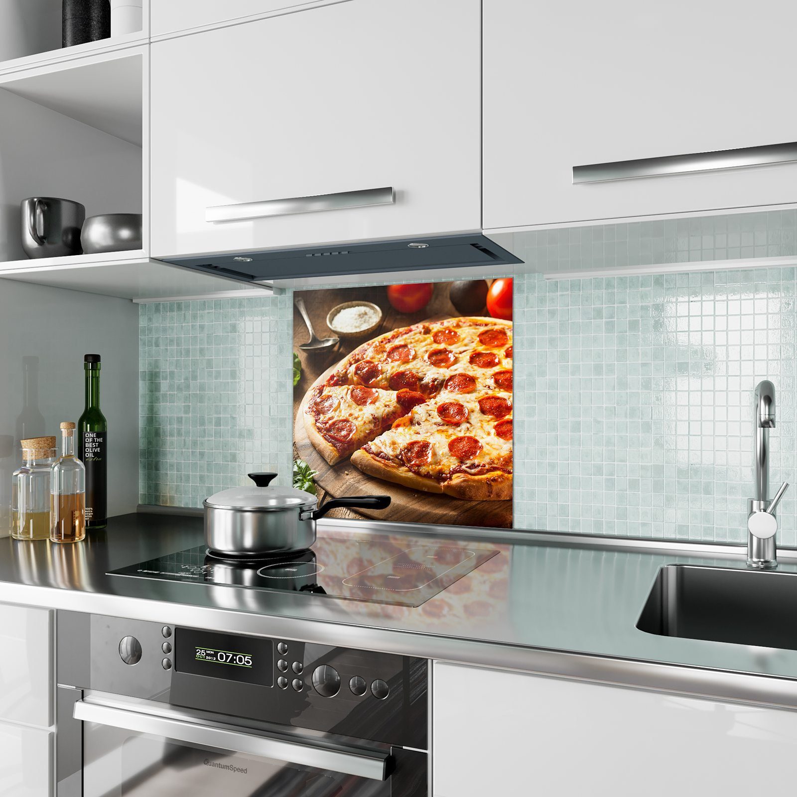 Küchenrückwand auf Spritzschutz Küchenrückwand mit Primedeco Motiv Holzplatte Pizza Glas