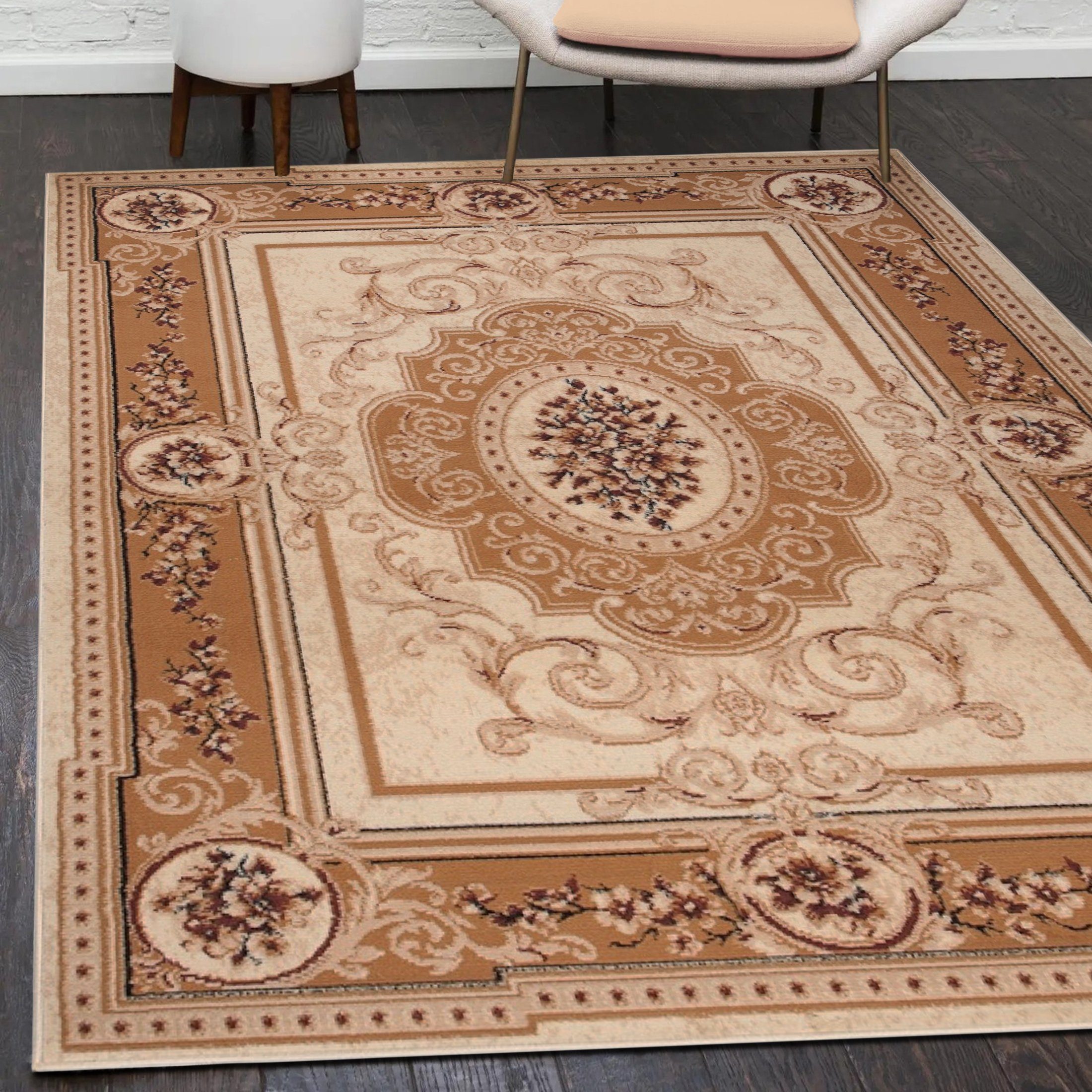 Orientteppich Orientalisch Vintage Teppich Kurzflor Wohnzimmerteppich Beige, Mazovia, 130 x 190 cm, Fußbodenheizung, Allergiker geeignet, Farbecht, Pflegeleicht Beige / F744A-CREAM