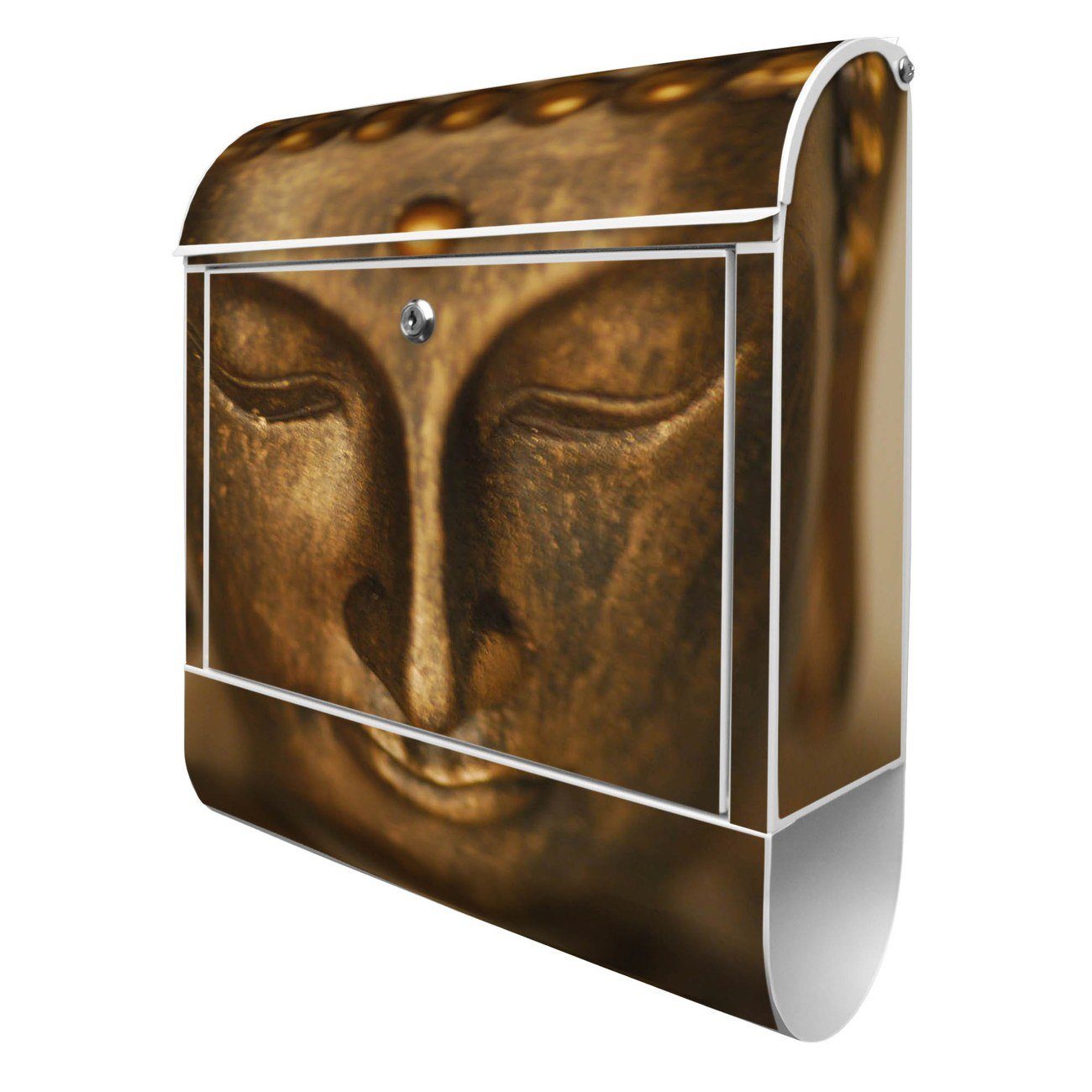 banjado Wandbriefkasten Stahl Buddha Gold (Wandbriefkasten witterungsbeständig, pulverbeschichtet, mit Zeitungsfach), 39 x 47 x 14cm weiß