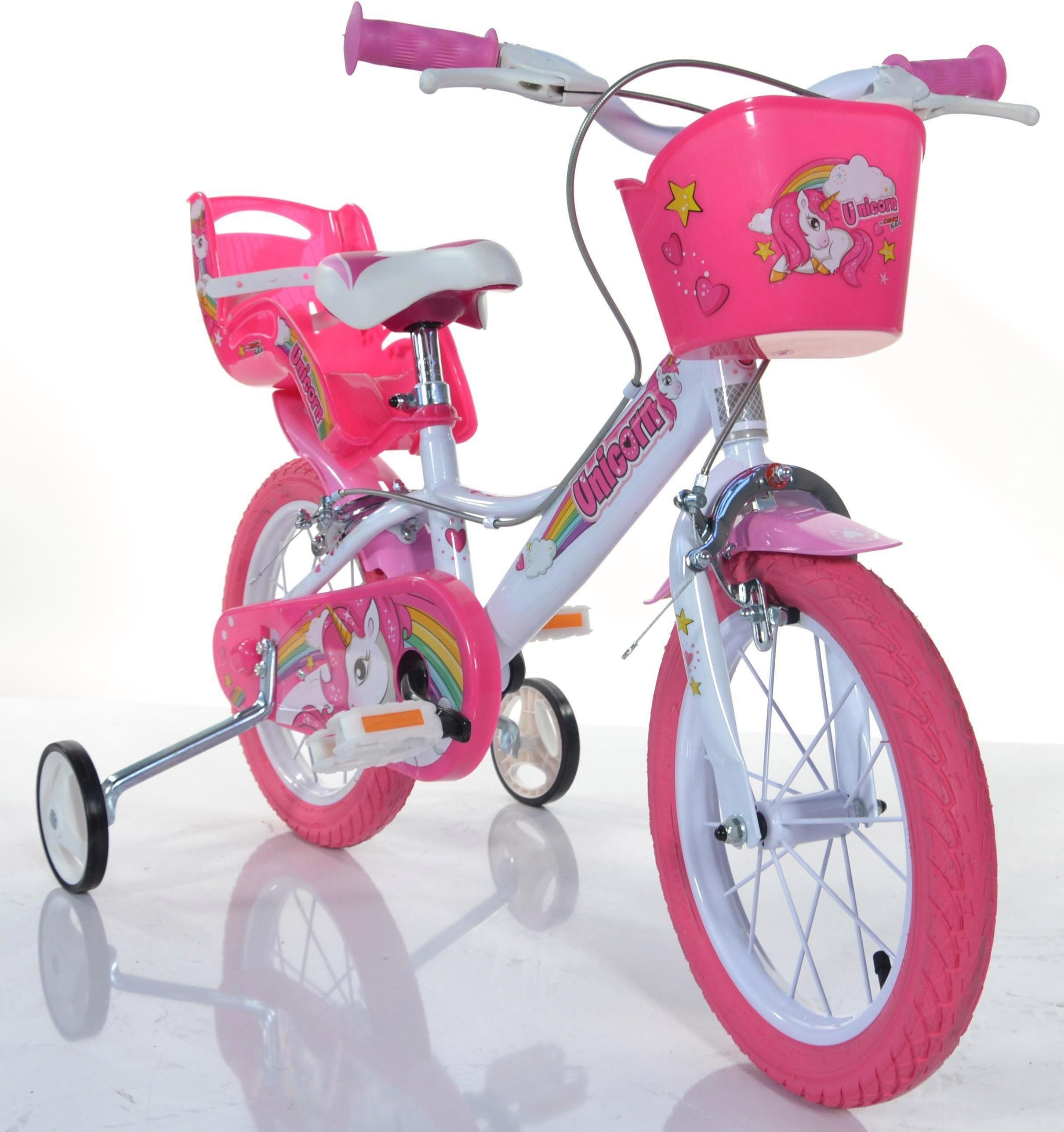 Dino Kinderfahrrad Unicorn Einhorn, 1 Gang, mit Stützrädern, Korb und Puppensitz