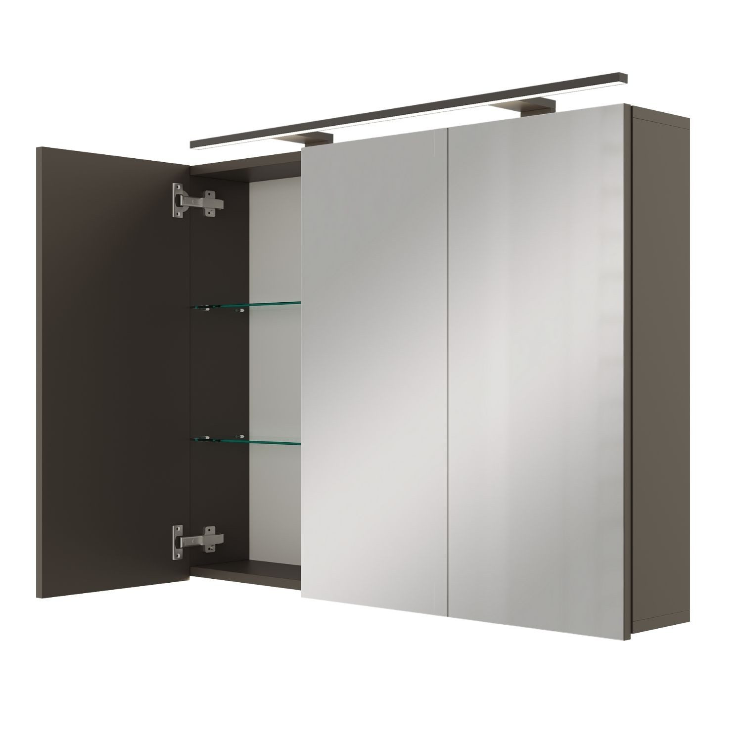 Planetmöbel Spiegelschrank Spiegelschrank ARIA (Spiegelschrank Bad 90 cm mit Beleuchtung und Steckdose, Badspiegelschrank 2-türig) anthrazit