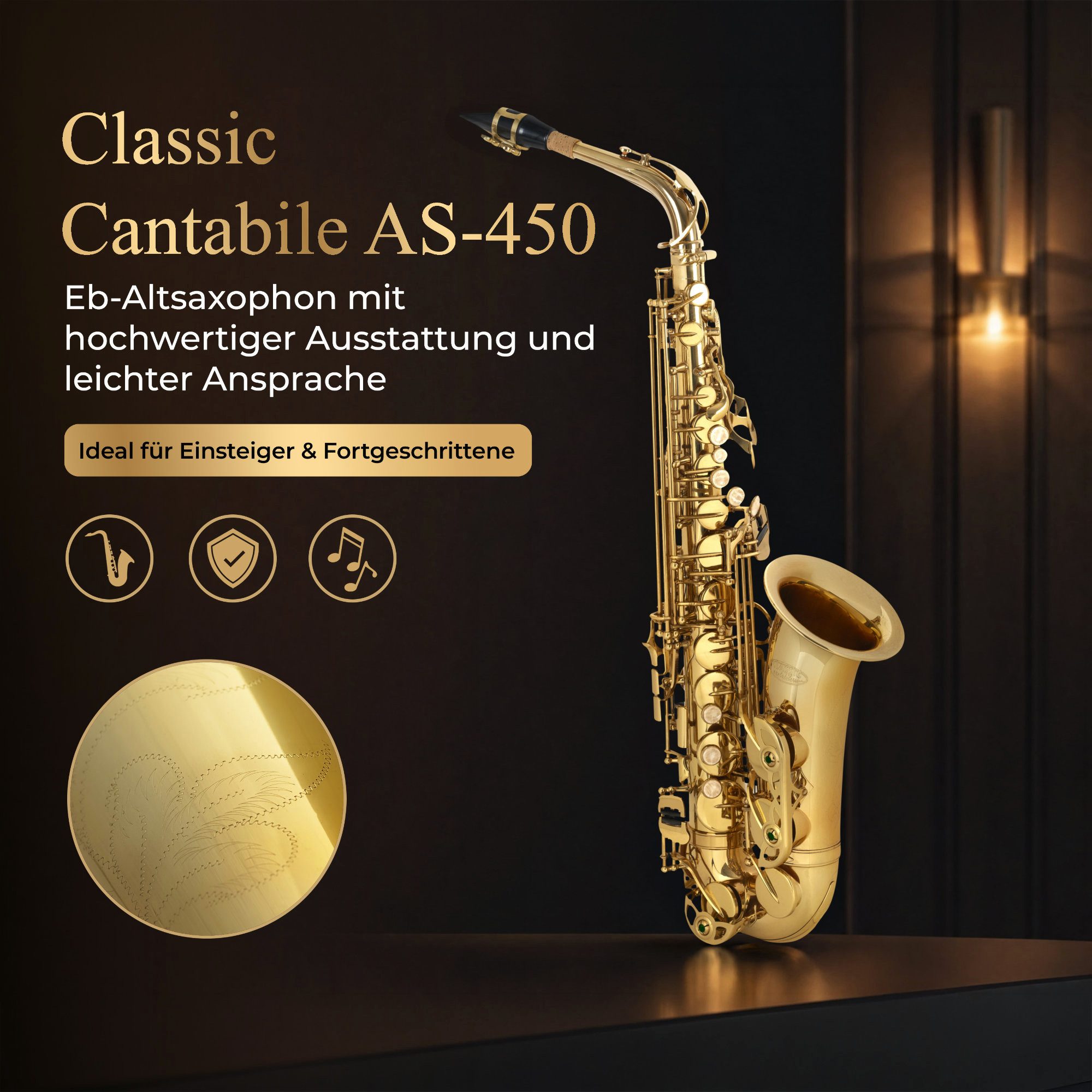 Classic Cantabile Saxophon - Alt Saxophon, Alto Sax, 5-St., Set mit Koffer & Zubehör, Altsaxophon mit Hoch-Fis-Klappen