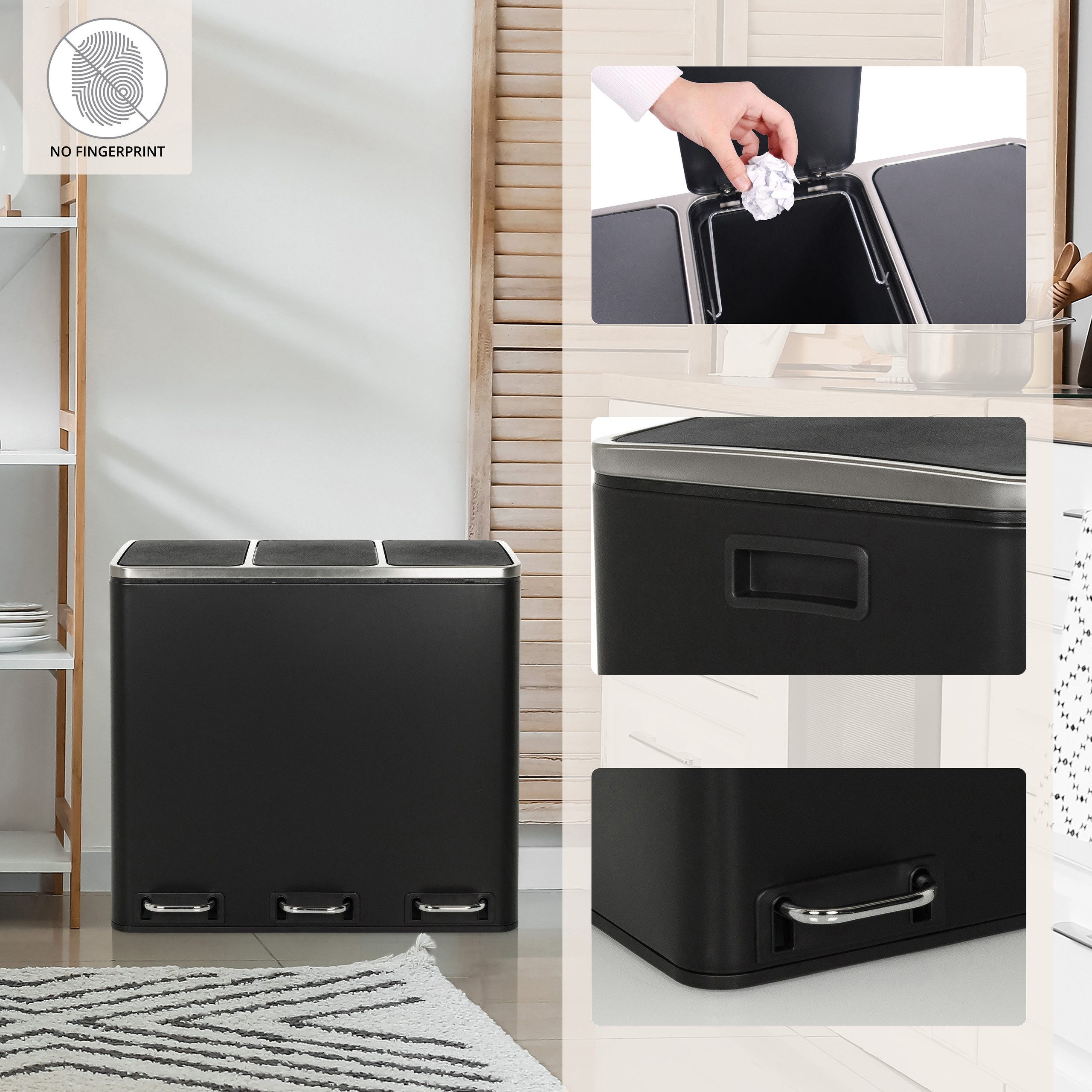 hjh OFFICE Mülleimer Clean 9 Abfalleimer, Mülltrennsystem Küche mit 3 Fächern, Abfalleimer 3 x 18L (54 Liter)