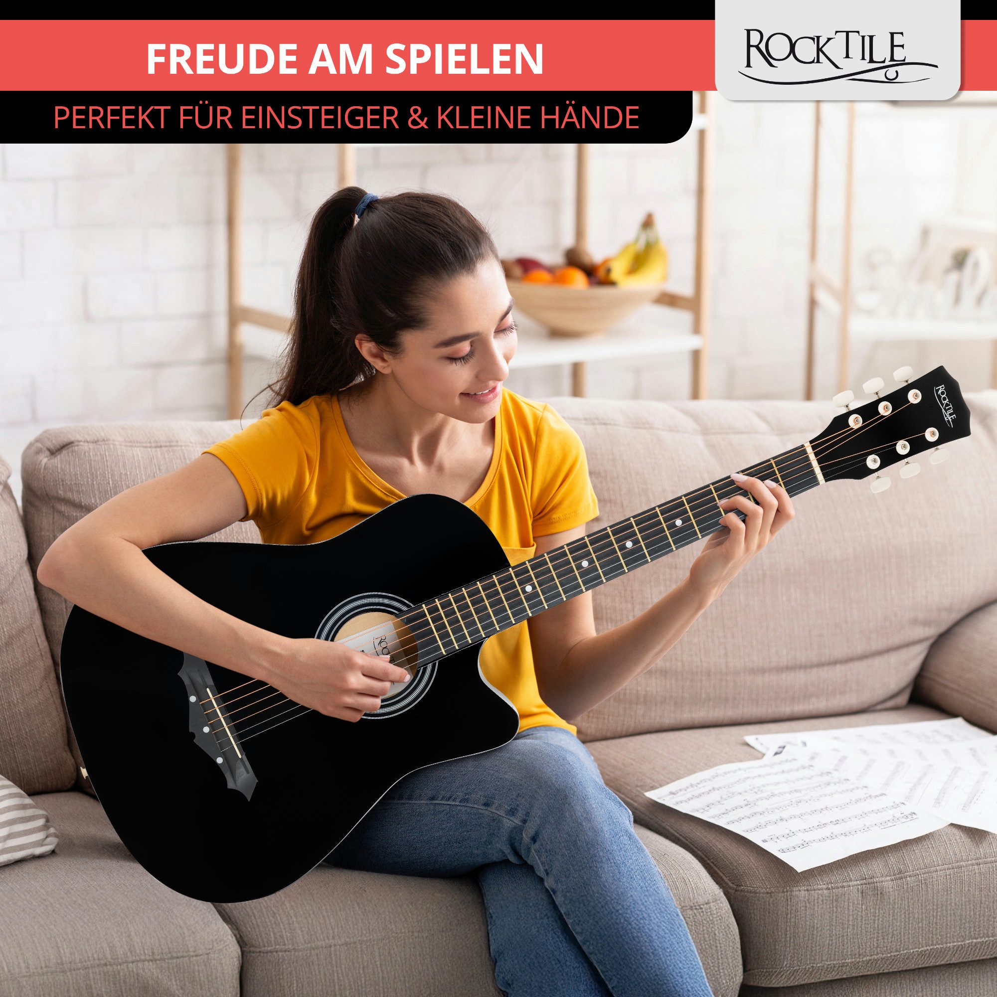 Rocktile Westerngitarre WSD-5C Slim Line Westerngitarren Set - Dreadnought Akustik Gitarre, Set inkl. Tasche, Ersatzsaiten, Gurt und Plektren