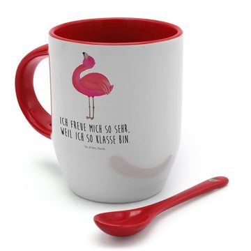 Mr. & Mrs. Panda Tasse Flamingo Stolz - Weiß - Geschenk, Tasse, Schwester, Tasse mit Spruch, Keramik, Inklusive Löffel