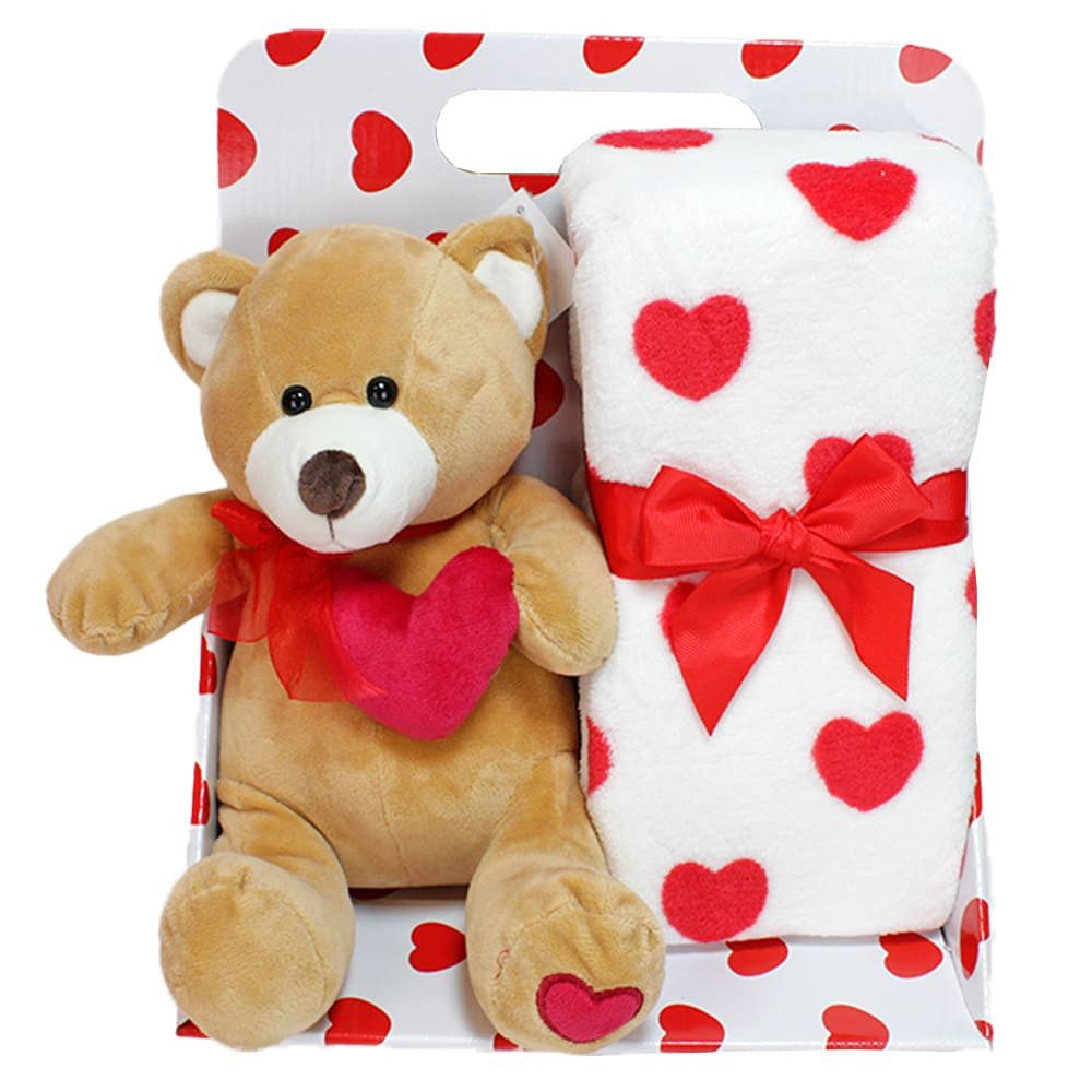BEMIRO Tierkuscheltier Valentinstag Geschenk Teddy mit Herz und Kuscheldecke im Set