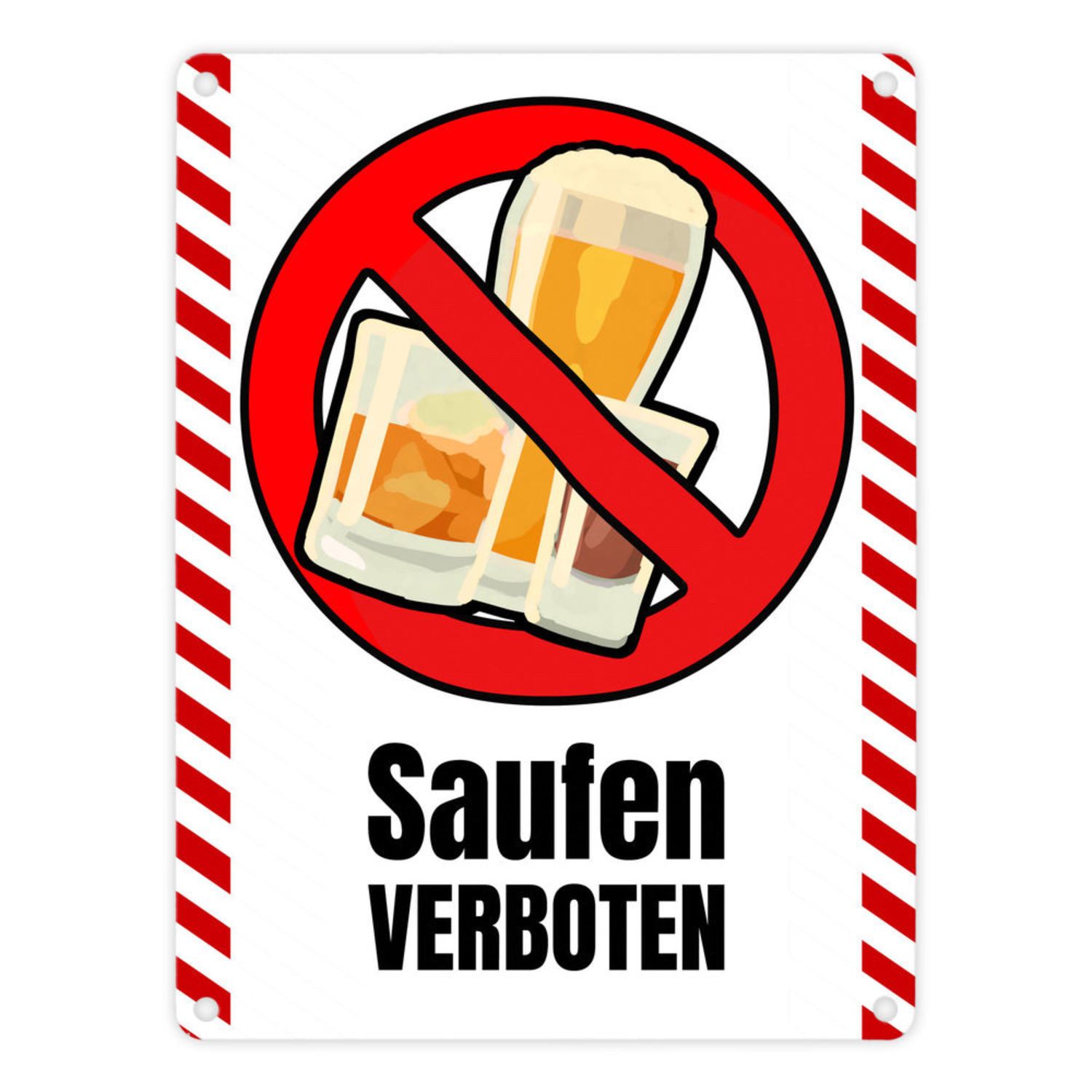 Metallschild Saufen verboten Verbotsschild im Comic-Stil in Flatterbandoptik