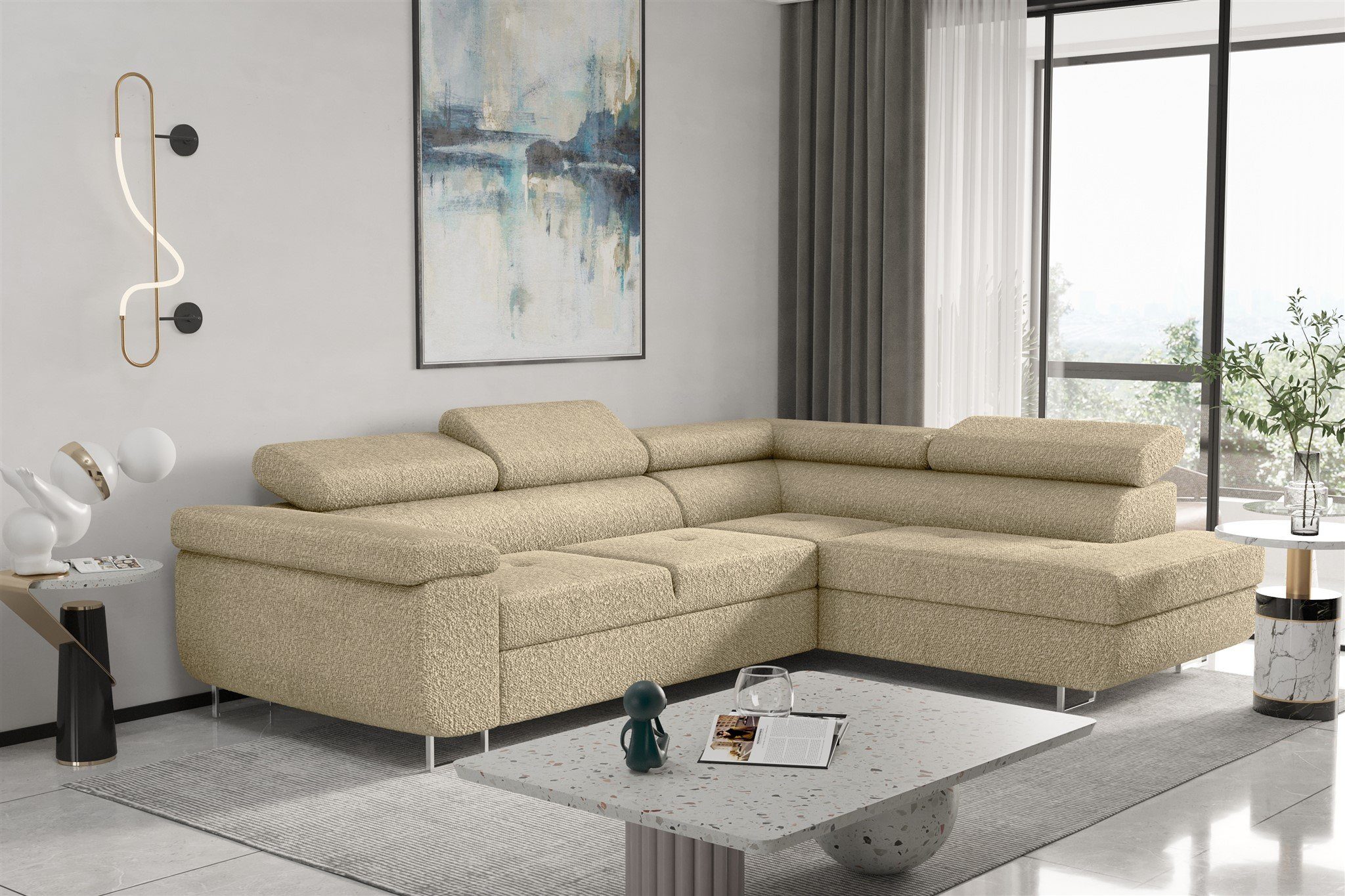 Fun Möbel Ecksofa Schlafsofa JADE Stoff Bouclestoff Ascot mit Ottomane Links oder Rechts, Schlafsofa mit Ottomane Links oder Rechts, mit Schlaffunktion