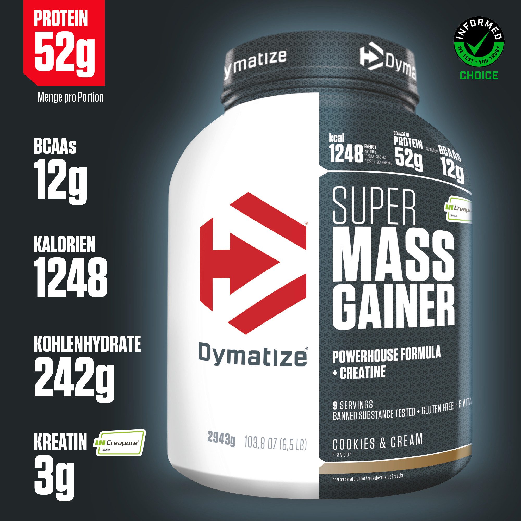 Dymatize Weight-Gainer Pulver Super Mass Kohlenhydrate Cookies & Cream 2943 g Pulver, 2943 g