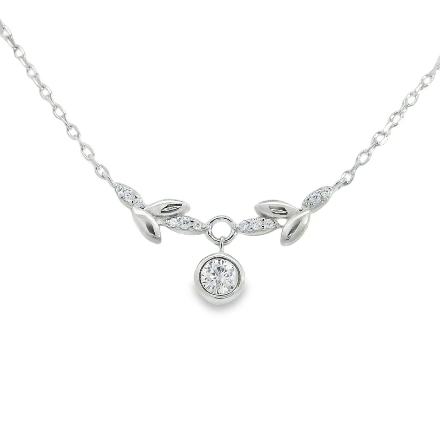 Collierkettchen Blatt-Halskette 925 Silber rhodiniert mit Zirkonia – 42+3 cm