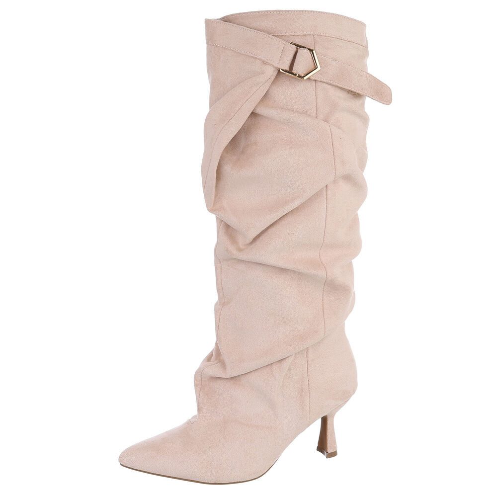Ital-Design Damen Kniehohe Stiefel mit Absatz und Wickeloptik Stiefel (92214367) Pfennig-/Stilettoabsatz Stiefel in Beige