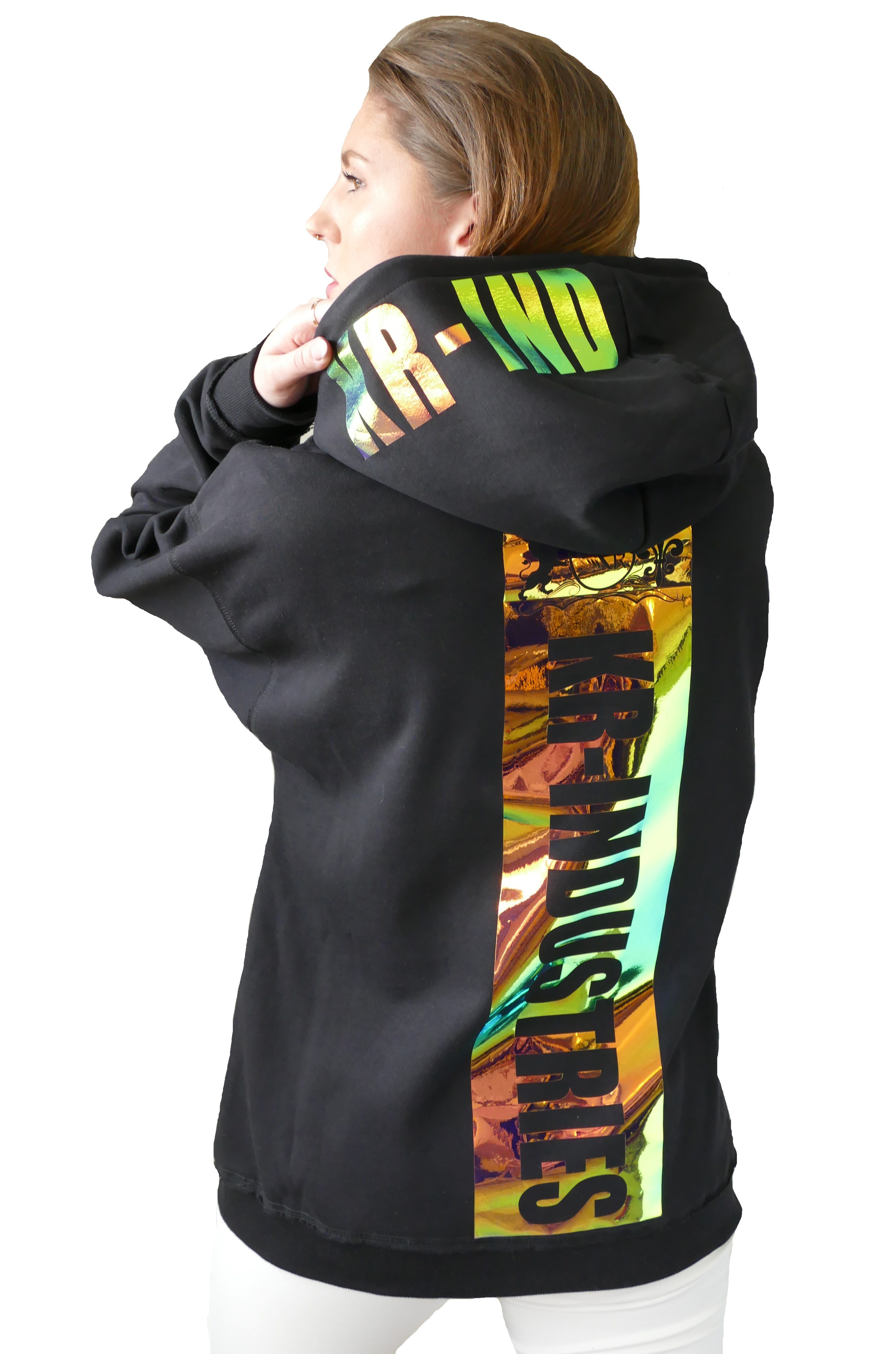 KR-Industries T-Shirt Hoodie Oversize Colorful auffällige Applikationen auf der Rückseite und Kapuze des Hoodies