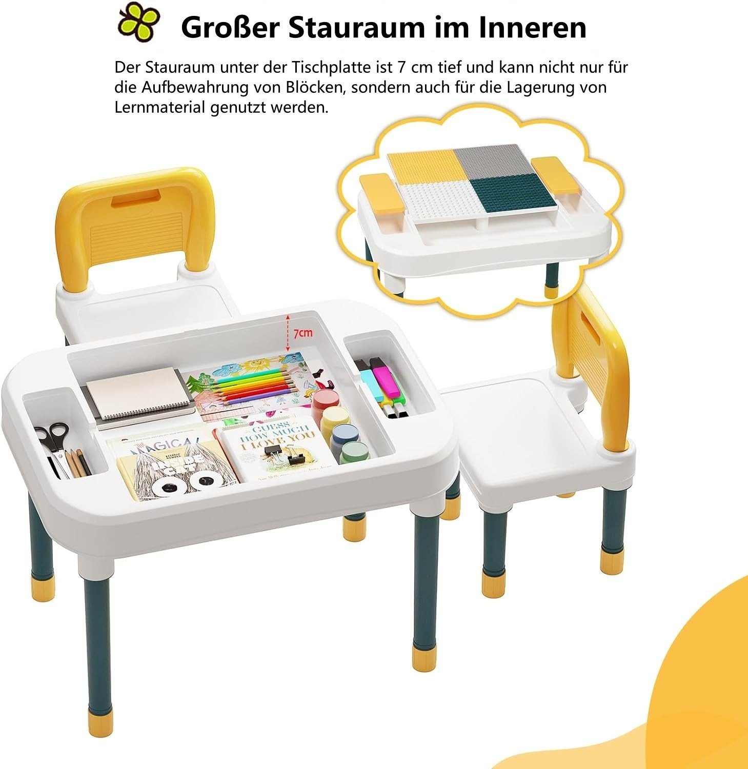 EUGAD Kindertisch (1-St., mit 2 Maltisch mit Stauraum Spieltisch Stühlen)