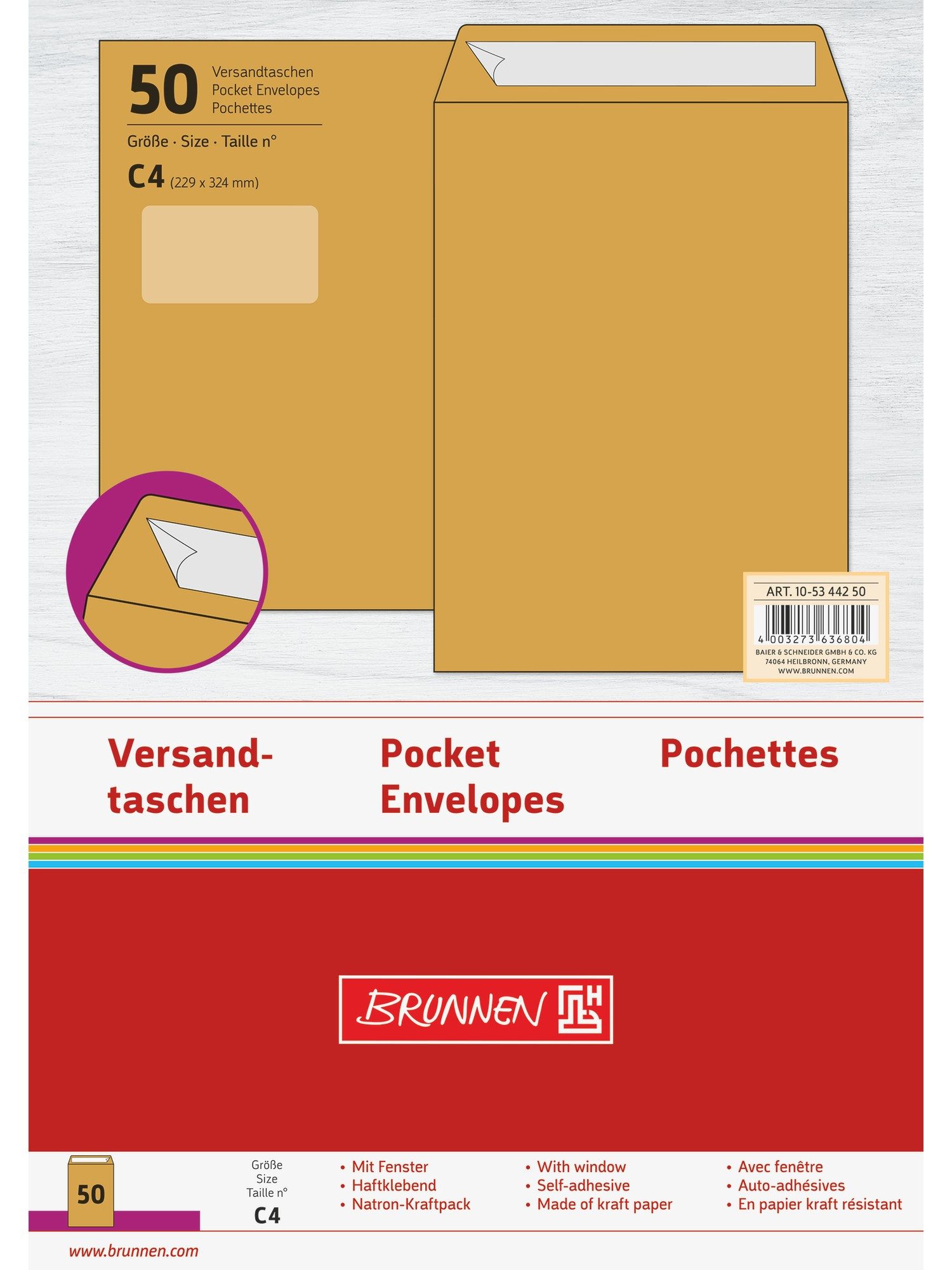 Baier & Schneider Versandtasche Versandtaschen C4 mit Fenster braun 50 Stück