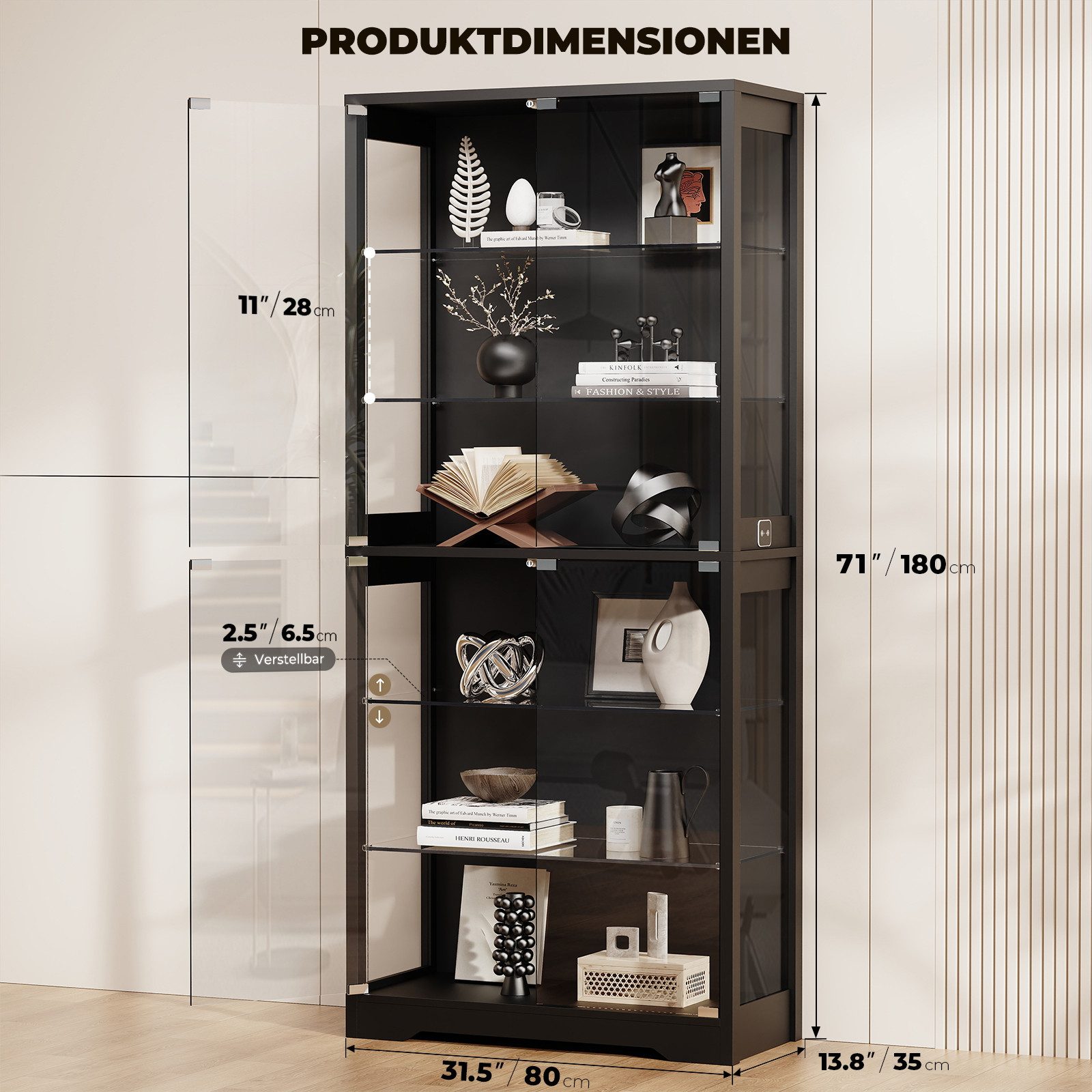 BROTTAR Vitrine aus Glas, mit 6 Ebenen und LED-Beleuchtung in 3 Farben (1-St) mit verstellbare Einlegeböden, Bewegungssensor
